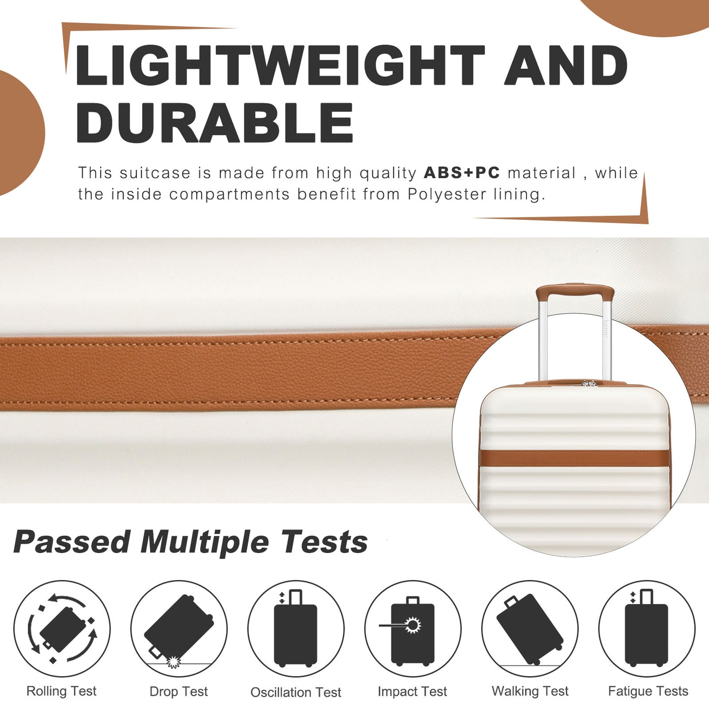 Kono Stylish Lightweight Hard Shell ABS+PC Cabin Suitcase with TSA Lock for Enhanced Security (KSK2484) - Cream & Brown