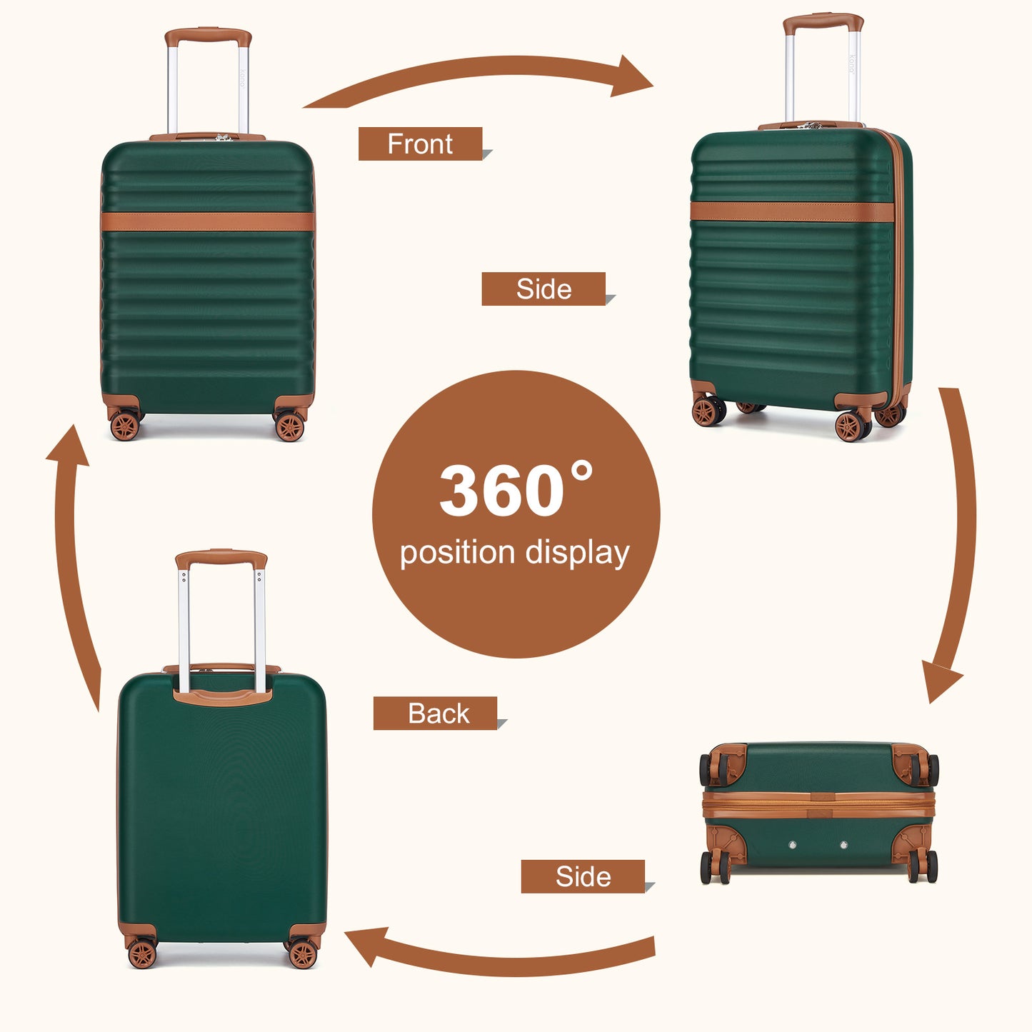 Kono Stylish Lightweight Hard Shell ABS+PC Cabin Suitcase with TSA Lock for Enhanced Security (KSK2484) - Green & Brown