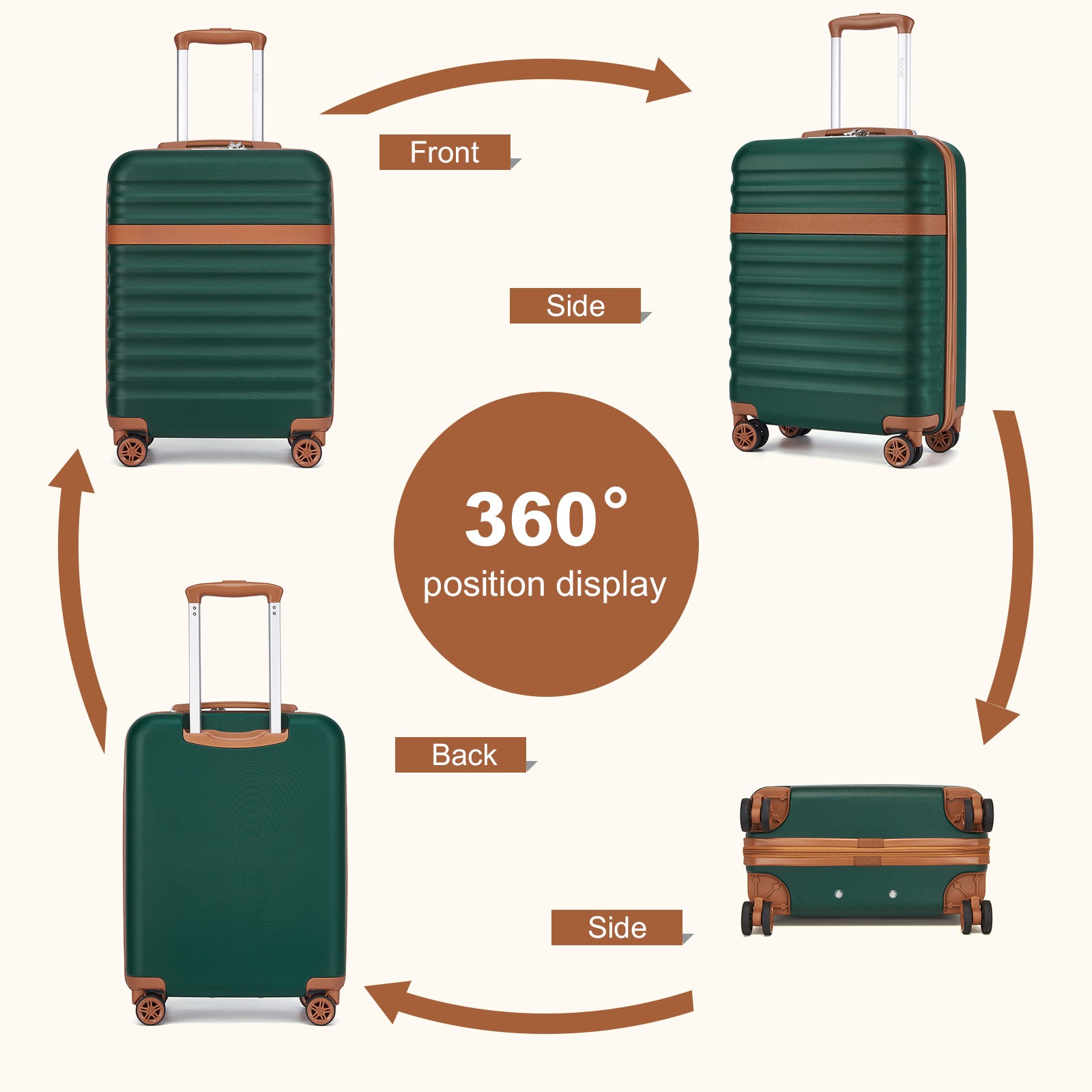 Kono Stylish Lightweight Hard Shell ABS+PC Cabin Suitcase with TSA Lock for Enhanced Security (KSK2484) - Green & Brown