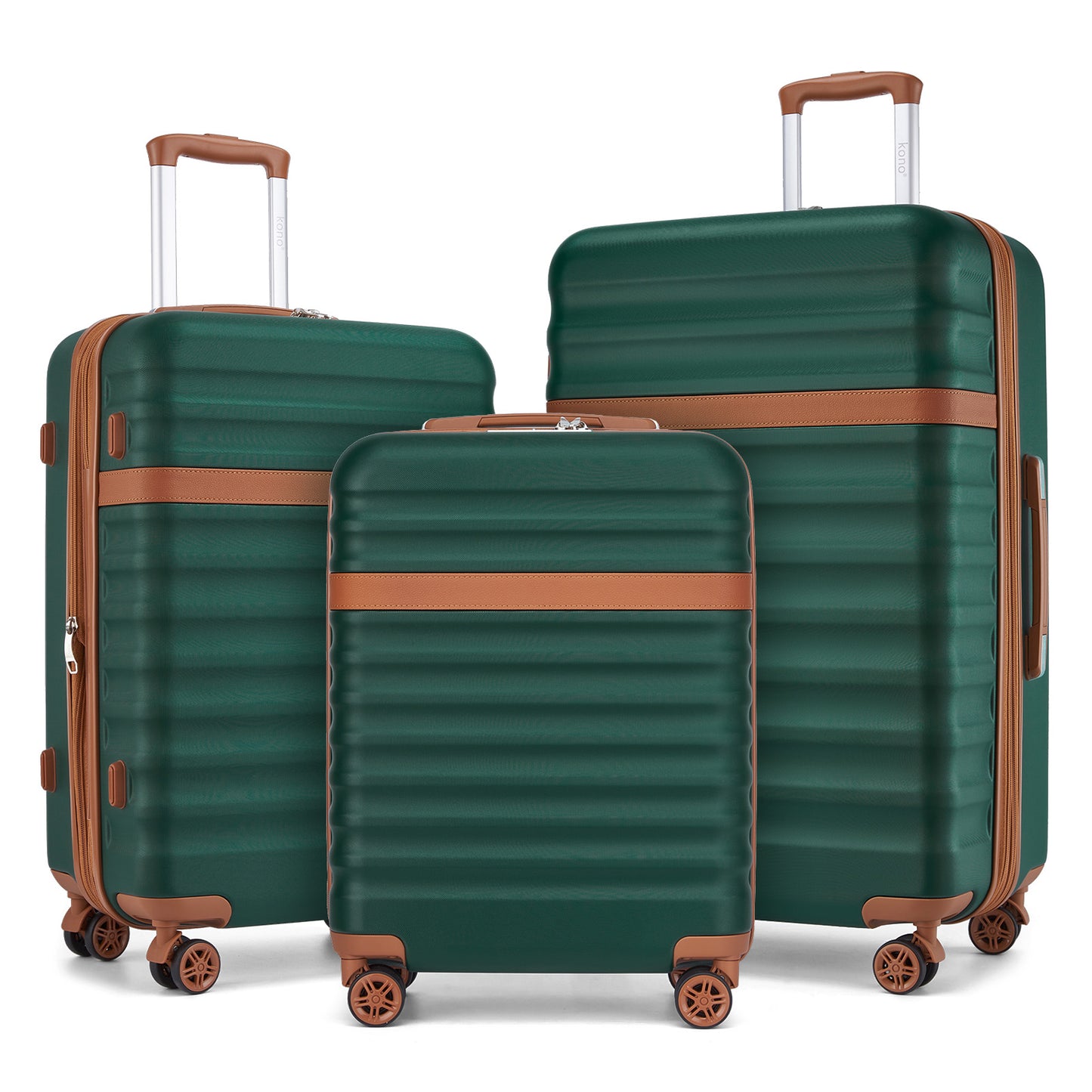 Kono 3-Piece Expandable Luggage Set 20"/24"/28" Durable Hard Shell ABS+PC Suitcases with TSA Lock for Secure Travel (KSK2484) - Green & Brown