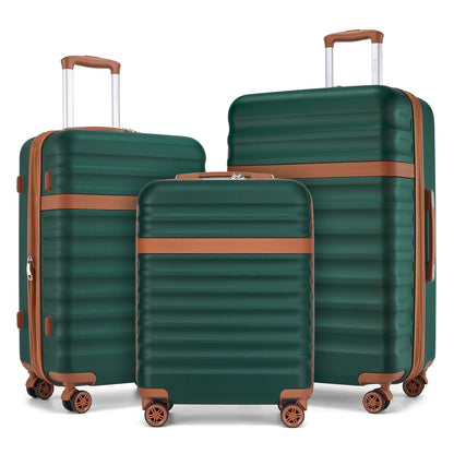 Kono 3-Piece Expandable Luggage Set 20"/24"/28" Durable Hard Shell ABS+PC Suitcases with TSA Lock for Secure Travel (KSK2484) - Green & Brown