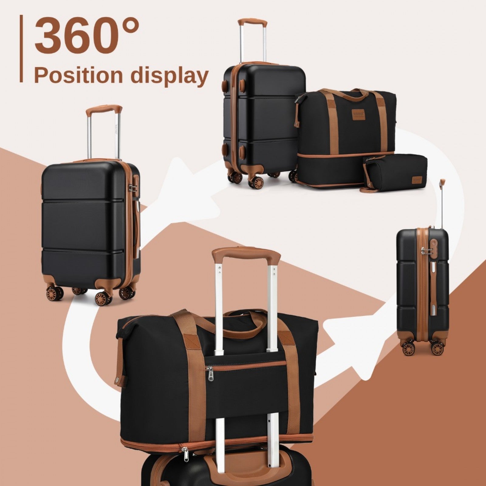 Premium ABS Cabin Carry-On Suitcase Set with Weekend Bag & Toiletry Bag – Black & Brown