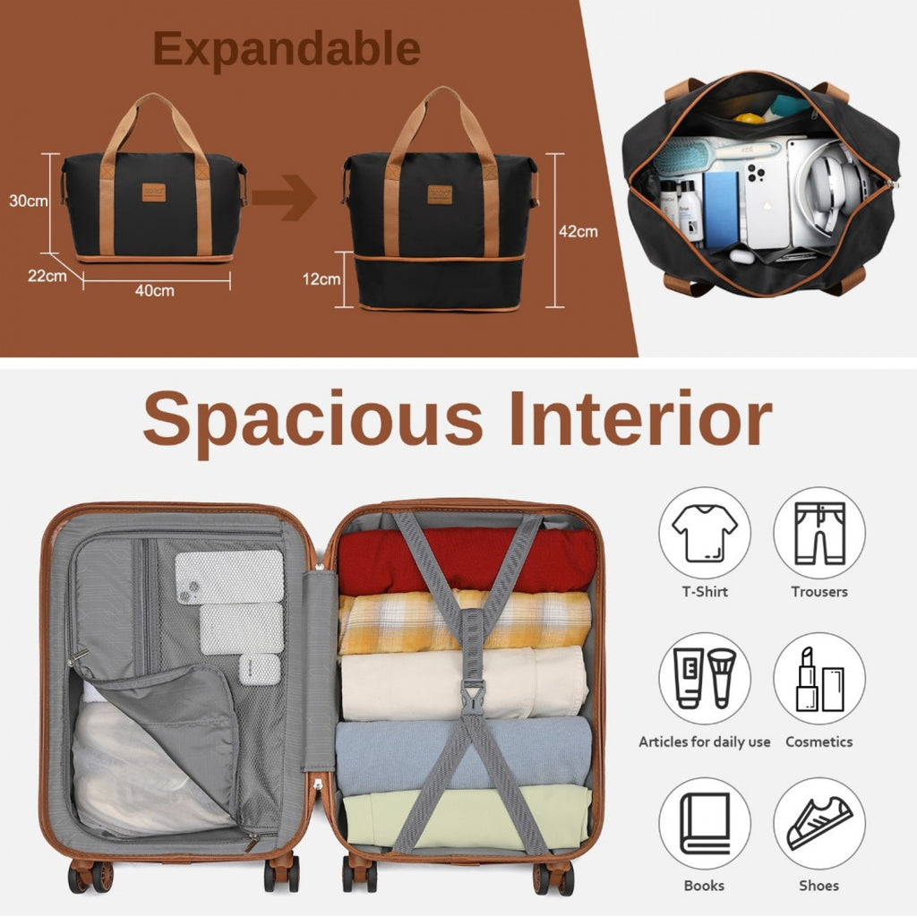 Premium ABS Cabin Carry-On Suitcase Set with Weekend Bag & Toiletry Bag – Black & Brown
