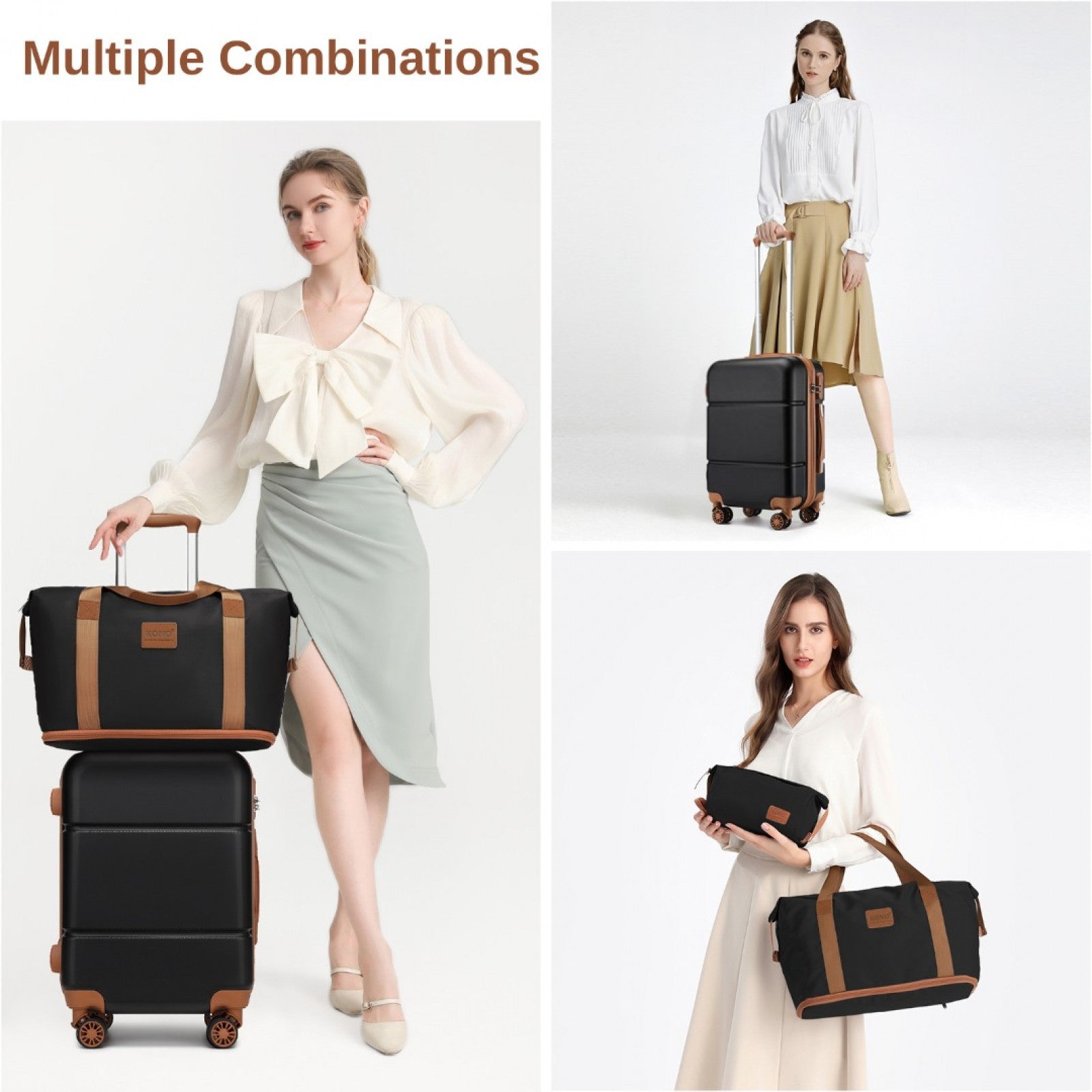 Premium ABS Cabin Carry-On Suitcase Set with Weekend Bag & Toiletry Bag – Black & Brown