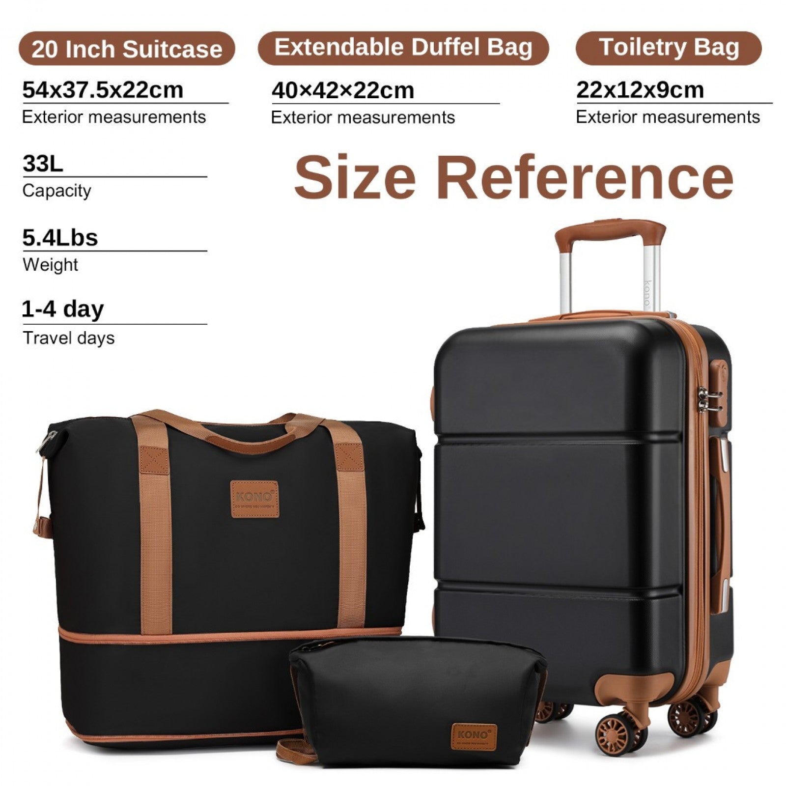 Premium ABS Cabin Carry-On Suitcase Set with Weekend Bag & Toiletry Bag – Black & Brown