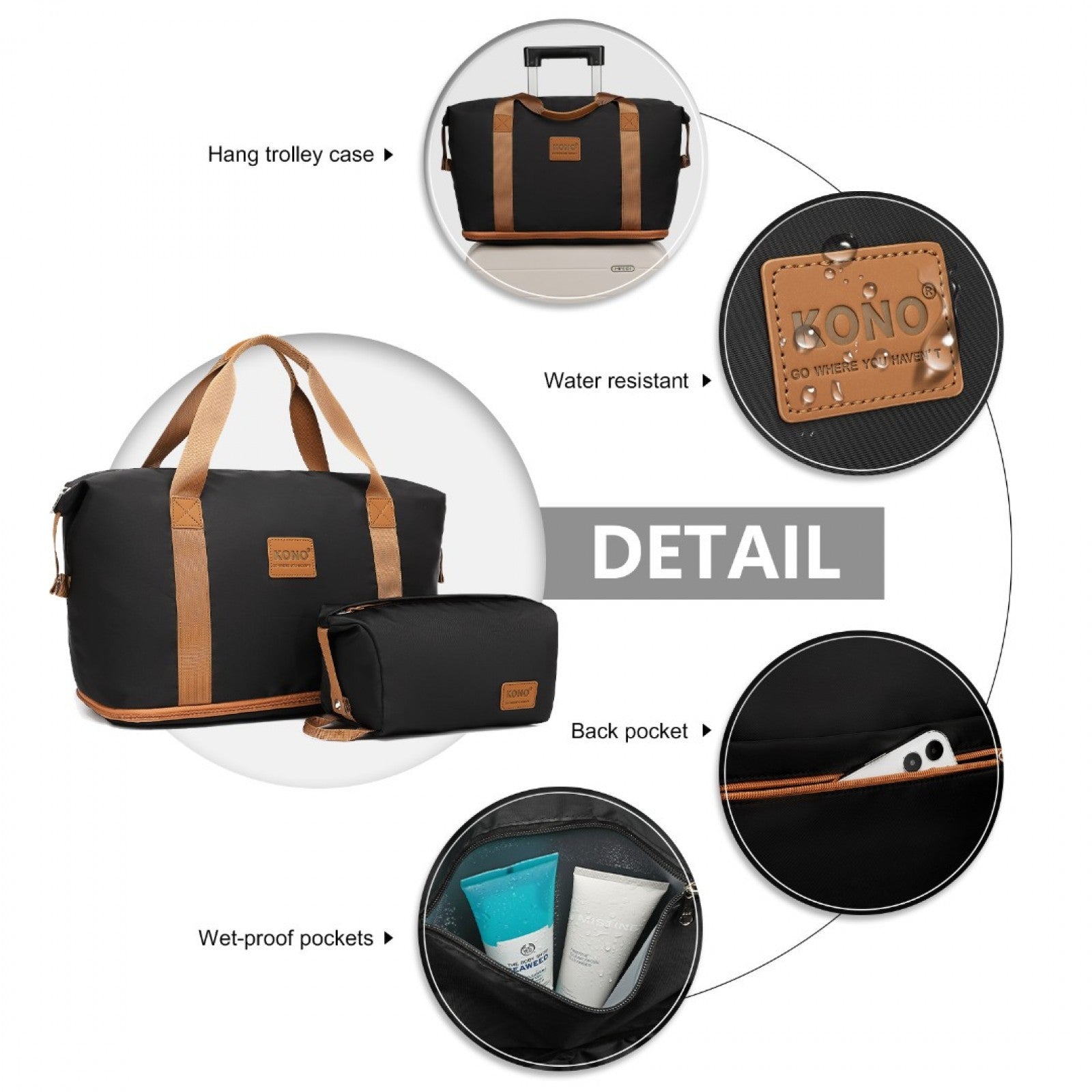 Premium ABS Cabin Carry-On Suitcase Set with Weekend Bag & Toiletry Bag – Black & Brown