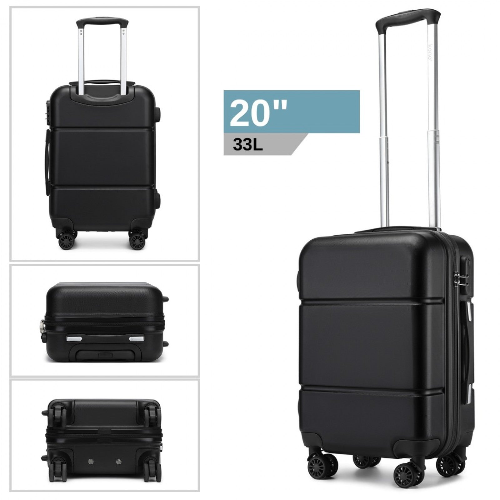 Kono Premium ABS Cabin Suitcase with Secure Combination Lock for Effortless Travel (KSK2485) - Black