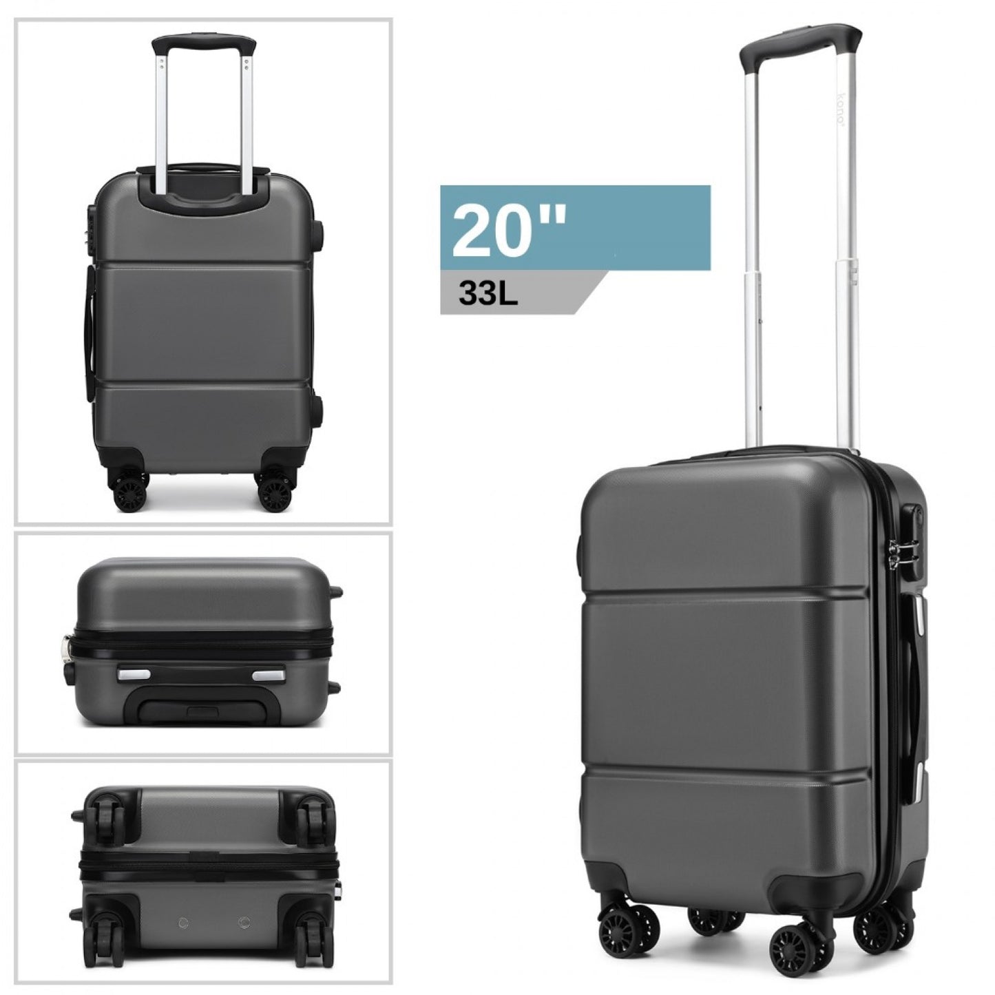 Kono Premium ABS Cabin Suitcase with Secure Combination Lock for Effortless Travel (KSK2485) - Grey & Black