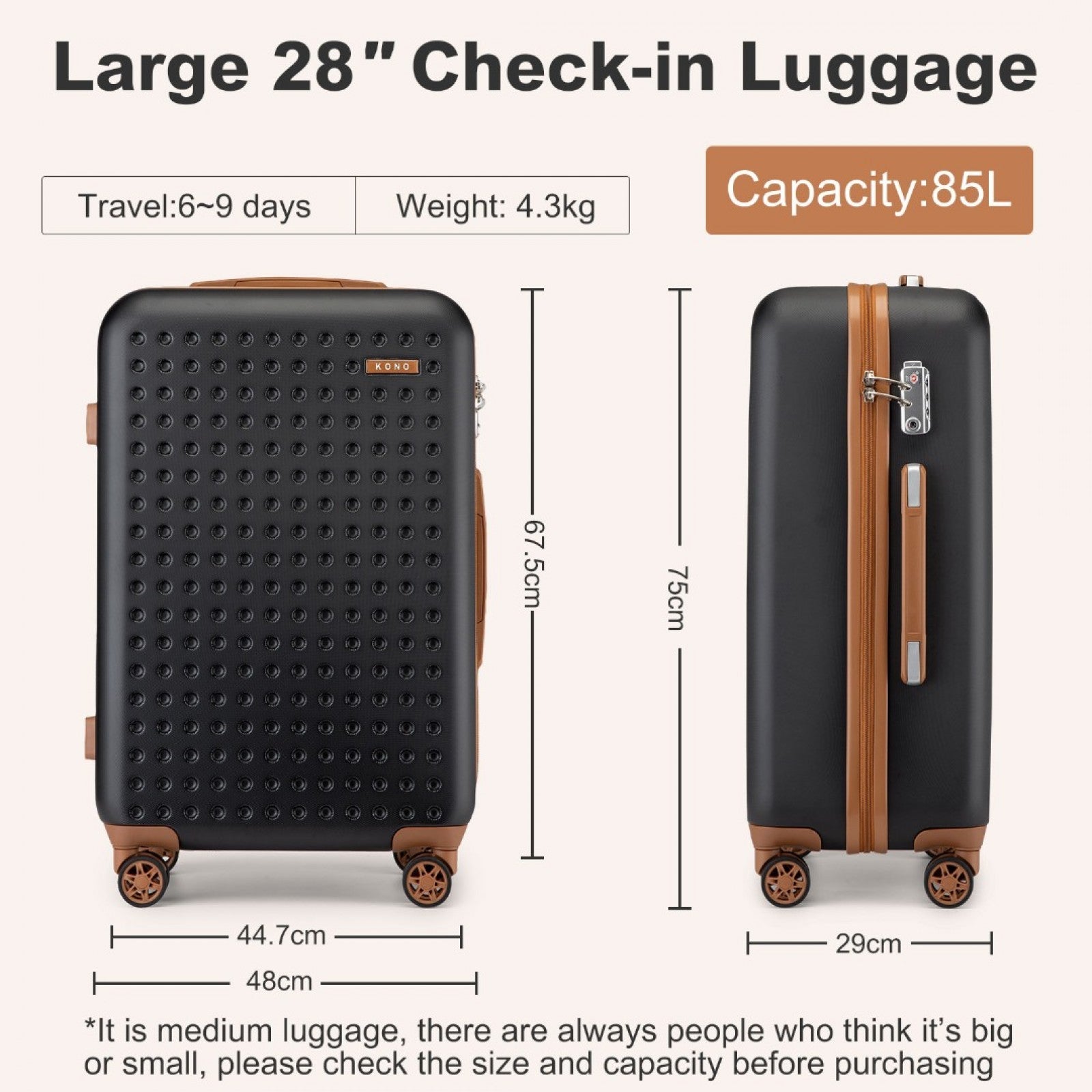 Kono Stylish ABS+PC Polka Dot Hard Shell Suitcase With TSA Lock (KSK2486) - Black & Brown