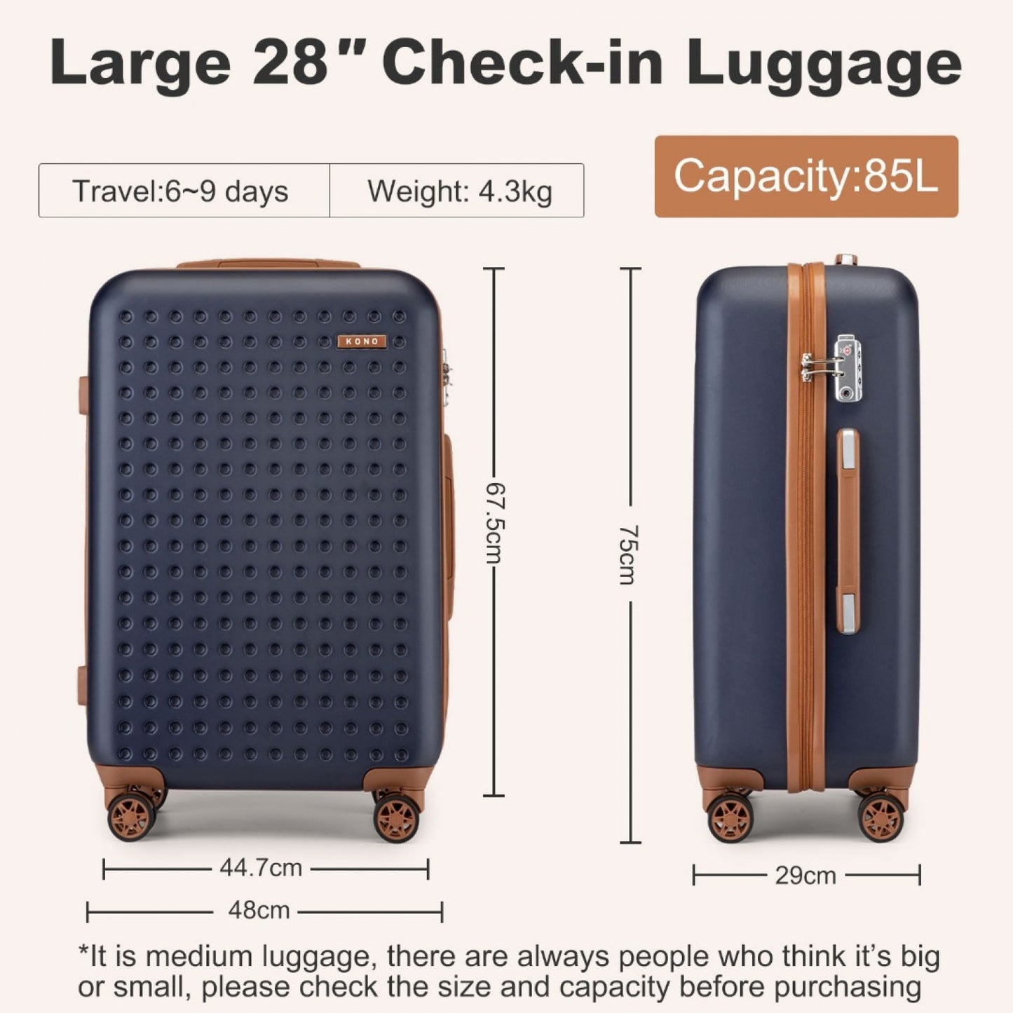 Kono Stylish ABS+PC Polka Dot Hard Shell Suitcase With TSA Lock (KSK2486) - Navy & Brown