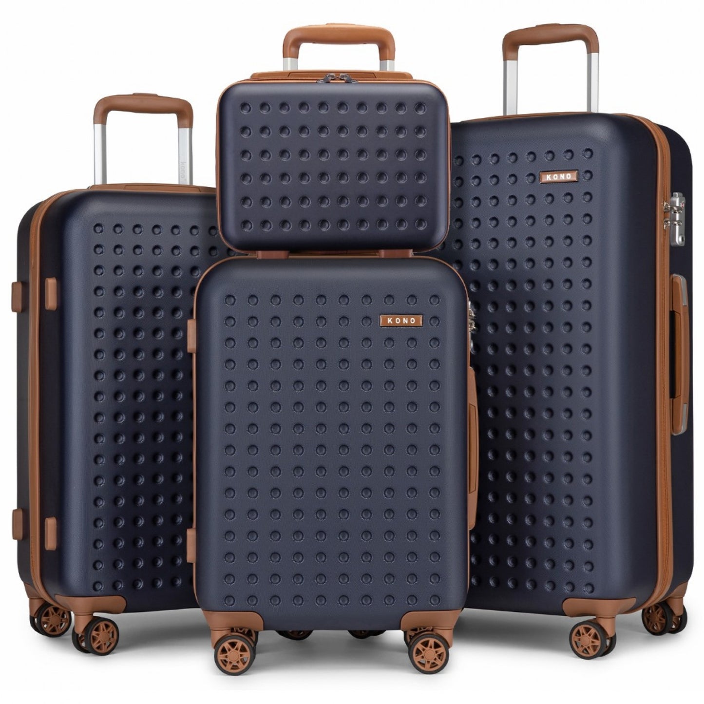 Kono Stylish ABS+PC Polka Dot Hard Shell Suitcase With TSA Lock And Vanity Case 4 Piece Set (KSK2486) - Navy & Brown