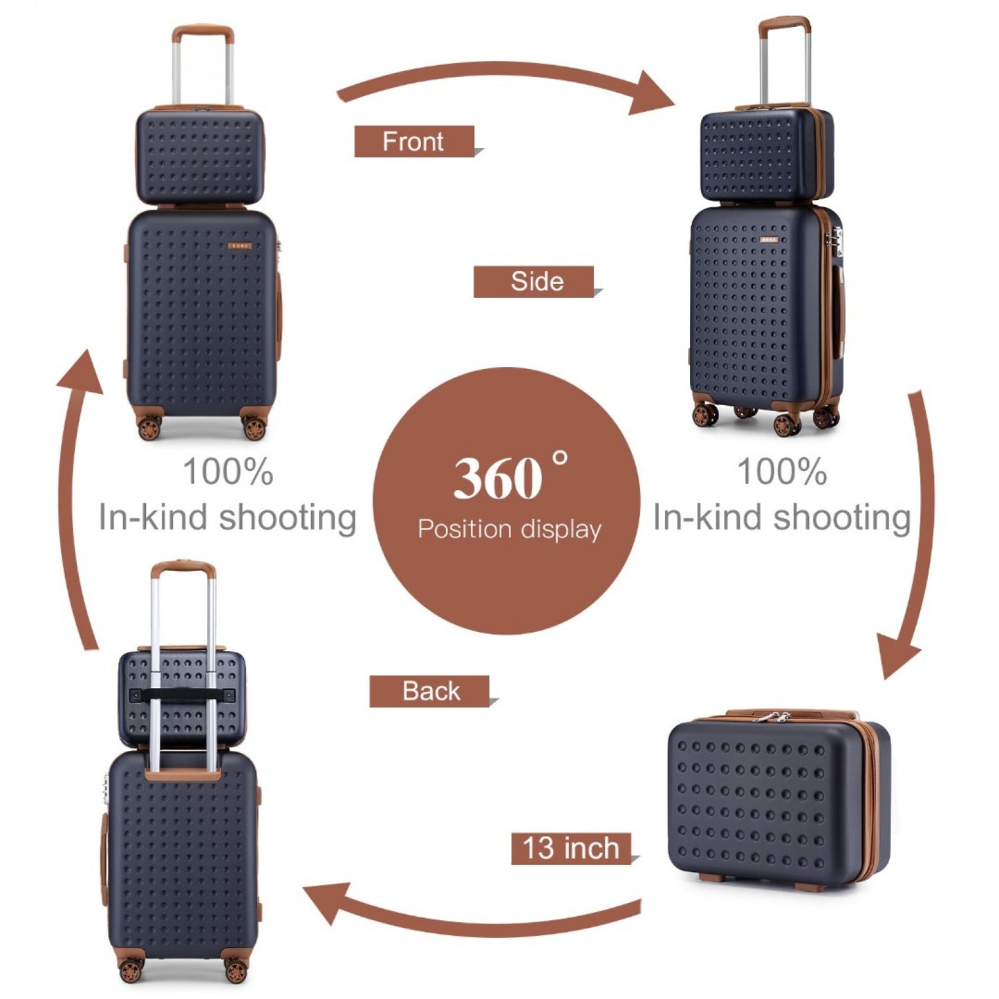 Kono Stylish ABS+PC Polka Dot Hard Shell Suitcase With TSA Lock And Vanity Case 4 Piece Set (KSK2486) - Navy & Brown