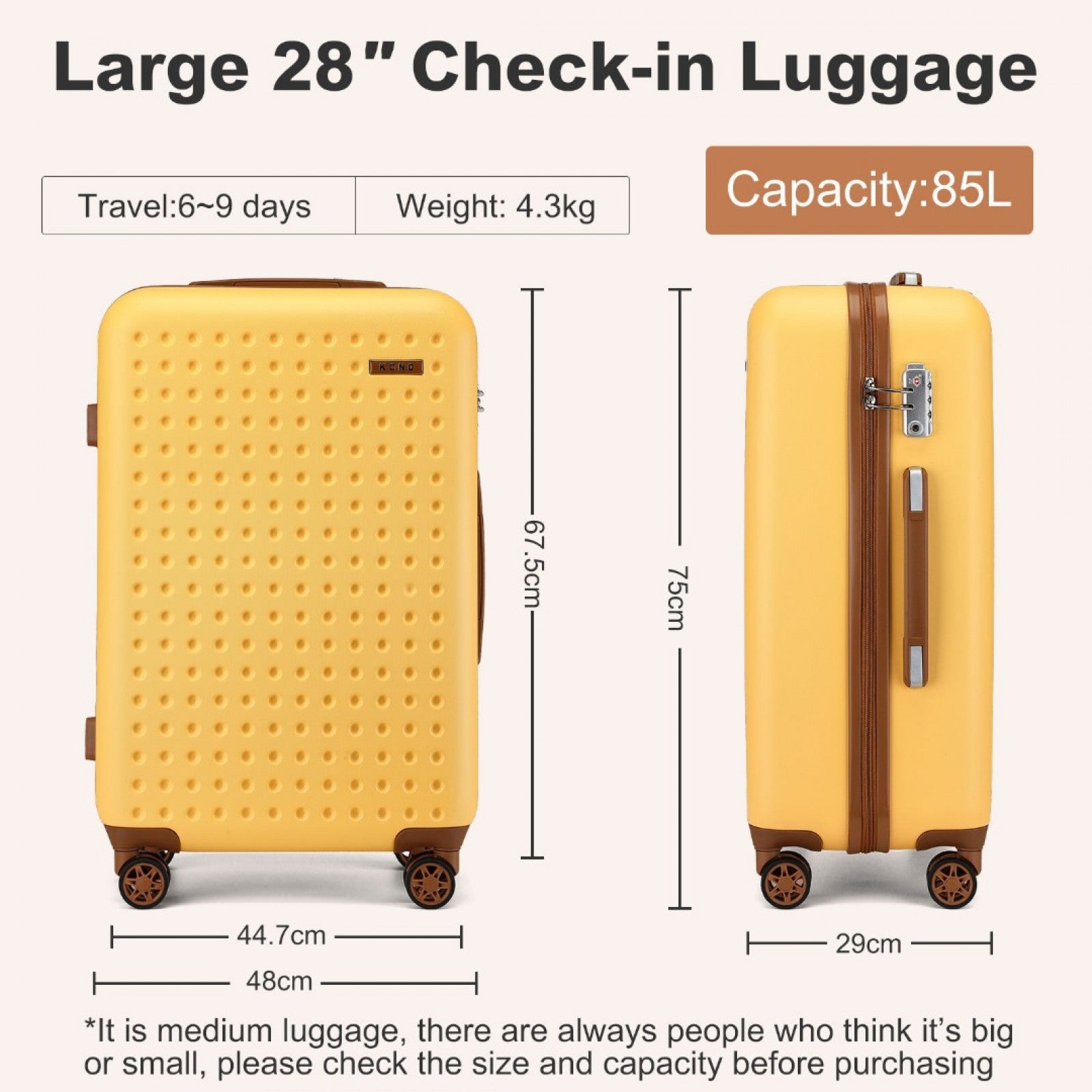 Kono Stylish ABS+PC Polka Dot Hard Shell Suitcase With TSA Lock (KSK2486) - Yellow & Brown