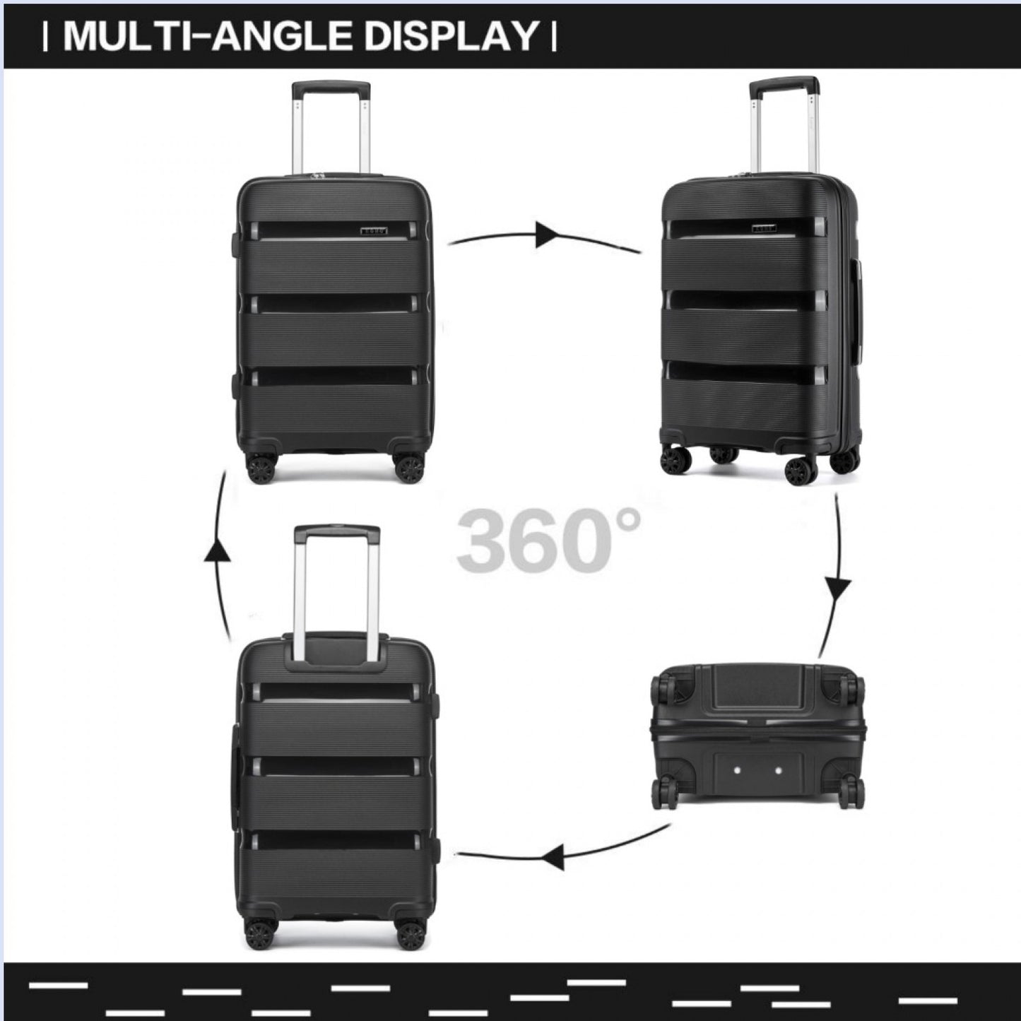 Kono PP Hardshell Suitcase–Lightweight Cabin Luggage with TSA Lock, 360° Silent Spinner Wheels (KSK2492) - Black