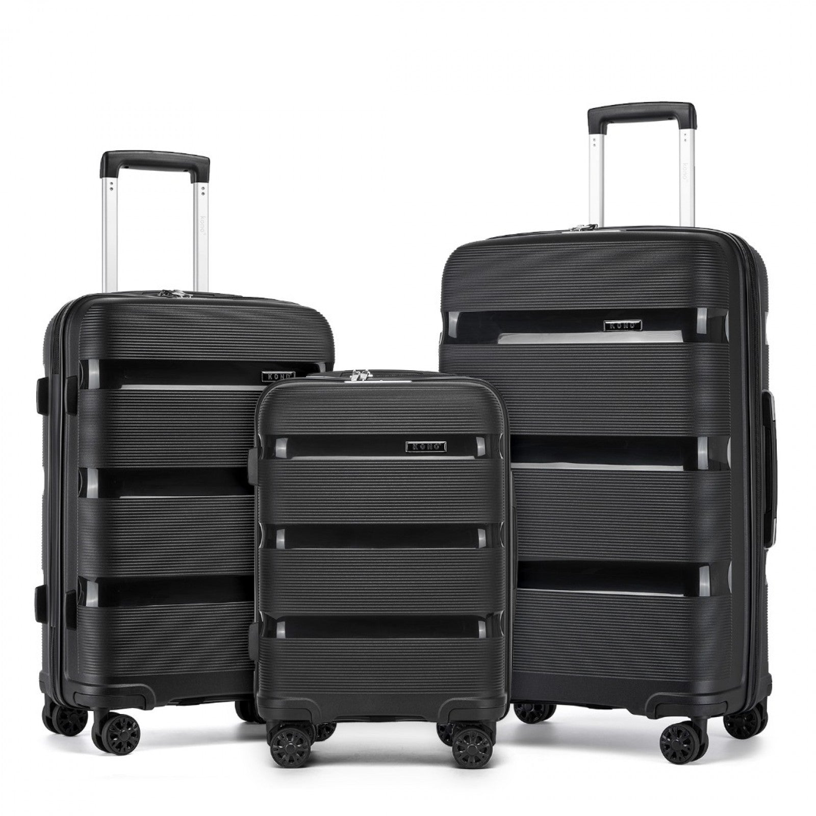Kono 3-Piece PP Hardshell Luggage Set–Durable Travel Suitcases with TSA Lock, 360° Spinner Wheels (KSK2492) - Black