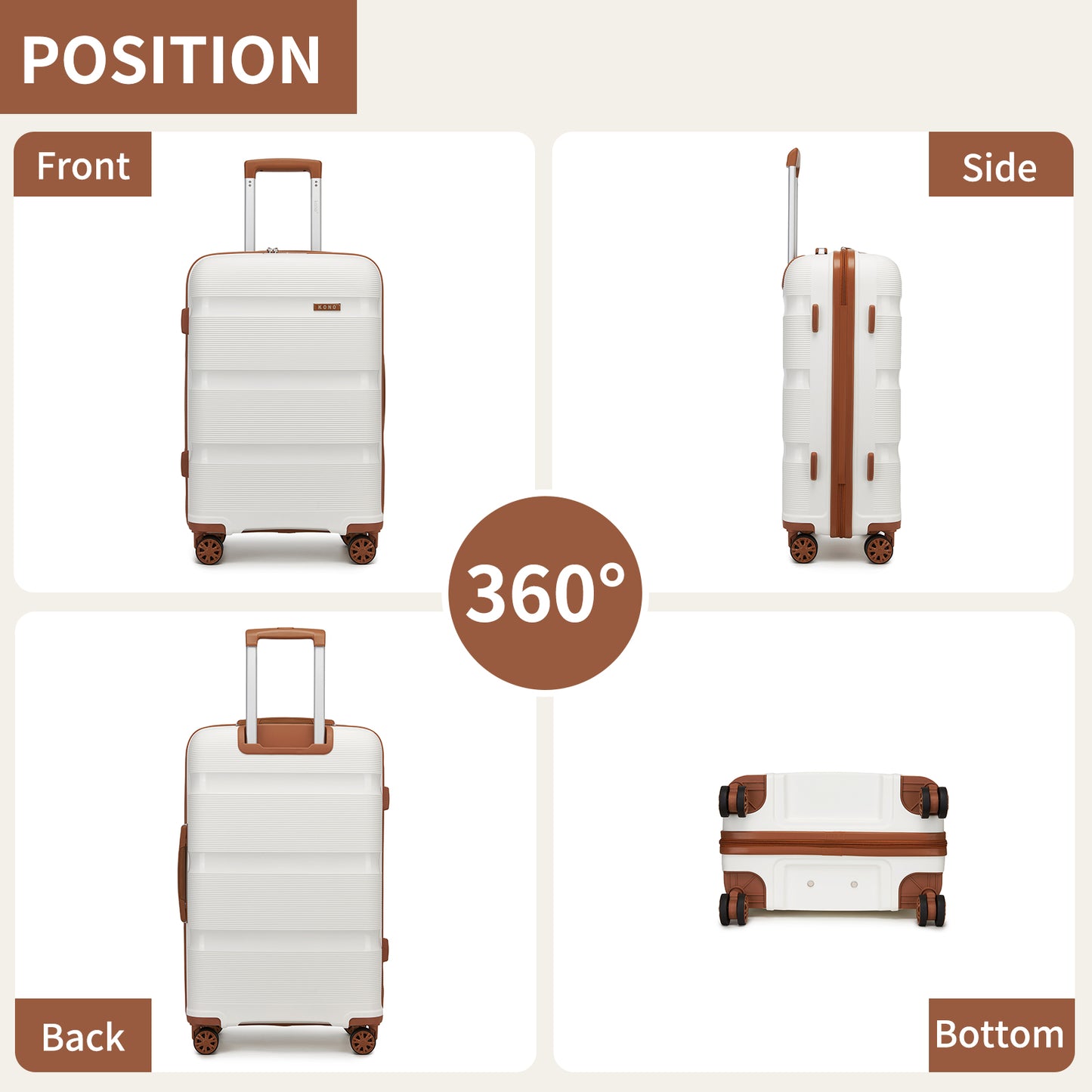 Kono PP Hardshell Suitcase–Lightweight Cabin Luggage with TSA Lock, 360° Silent Spinner Wheels (KSK2492) - Cream & Brown