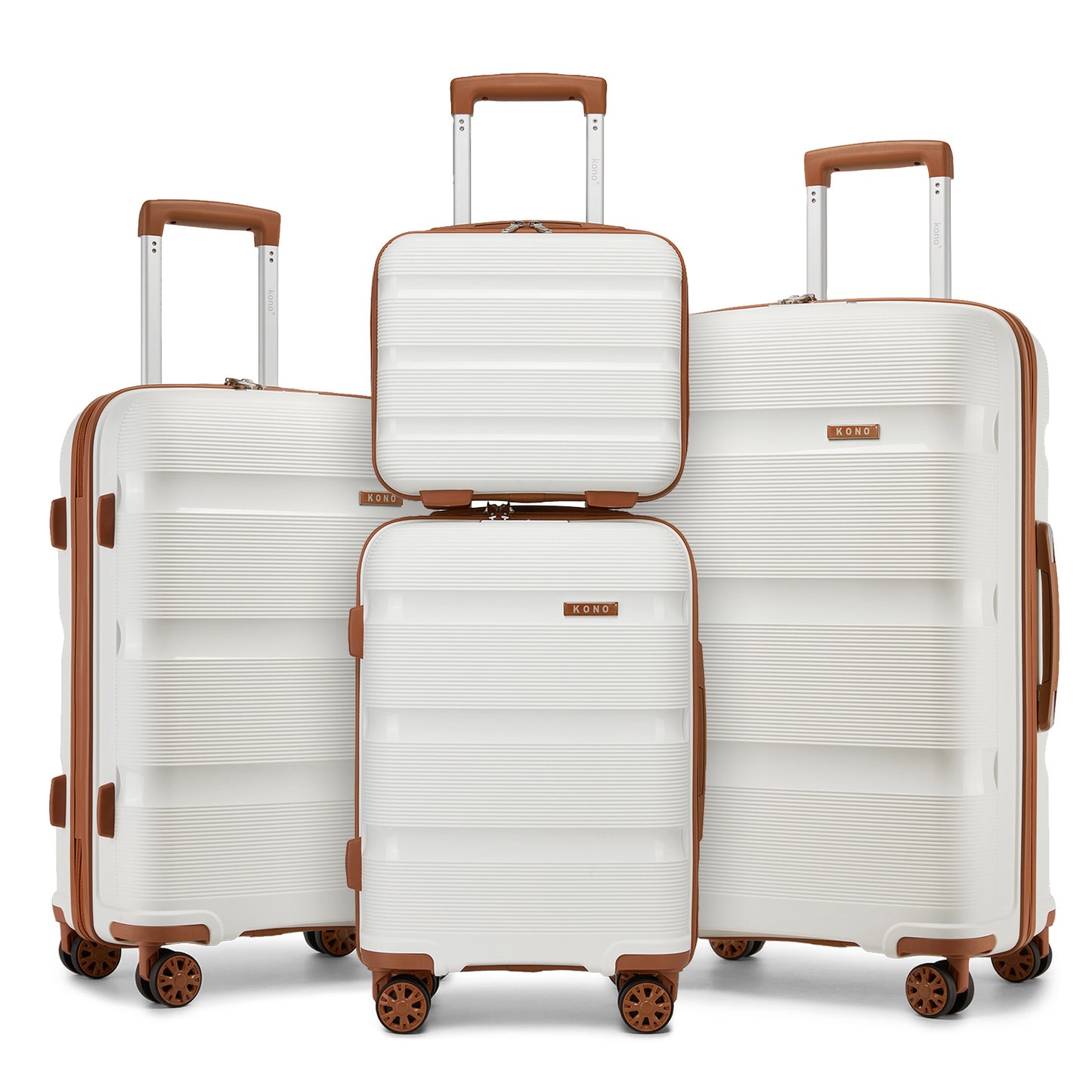 Kono 4-Piece PP Hardshell Luggage Set–Durable Travel Suitcases with TSA Lock, 360° Spinner Wheels with Vanity Case (KSK2492) - Cream & Brown