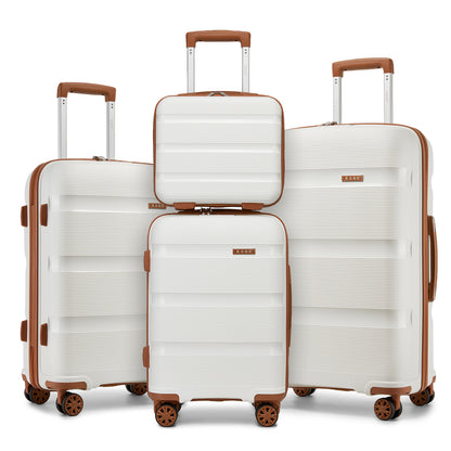 Kono 4-Piece PP Hardshell Luggage Set–Durable Travel Suitcases with TSA Lock, 360° Spinner Wheels with Vanity Case (KSK2492) - Cream & Brown