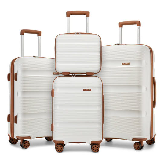 Kono 4-Piece PP Hardshell Luggage Set–Durable Travel Suitcases with TSA Lock, 360° Spinner Wheels with Vanity Case (KSK2492) - Cream & Brown