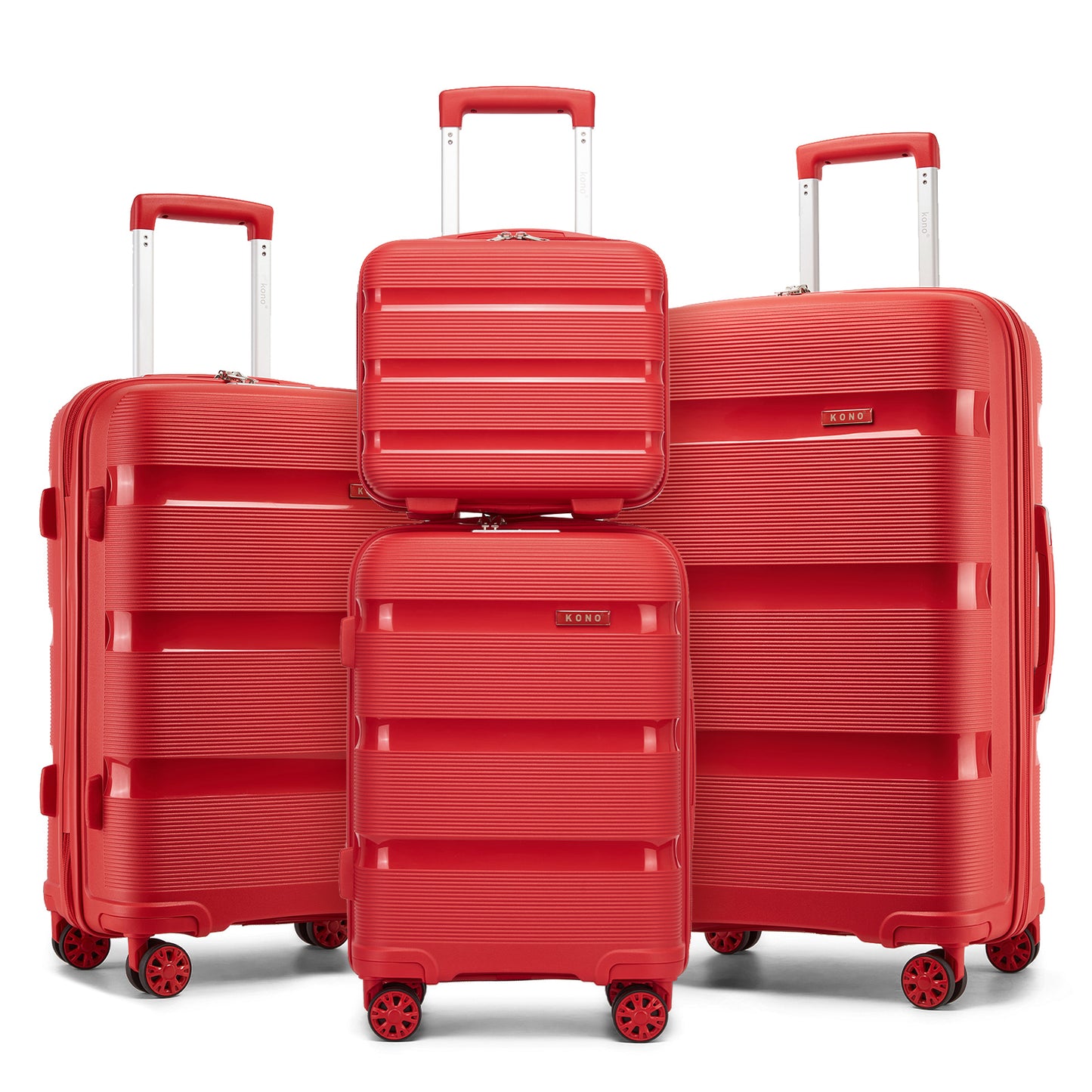 Kono 4-Piece PP Hardshell Luggage Set–Durable Travel Suitcases with TSA Lock, 360° Spinner Wheels with Vanity Case (KSK2492) - Red