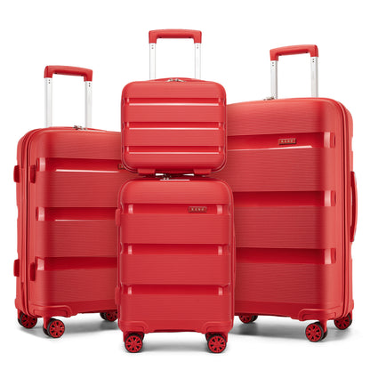 Kono 4-Piece PP Hardshell Luggage Set–Durable Travel Suitcases with TSA Lock, 360° Spinner Wheels with Vanity Case (KSK2492) - Red