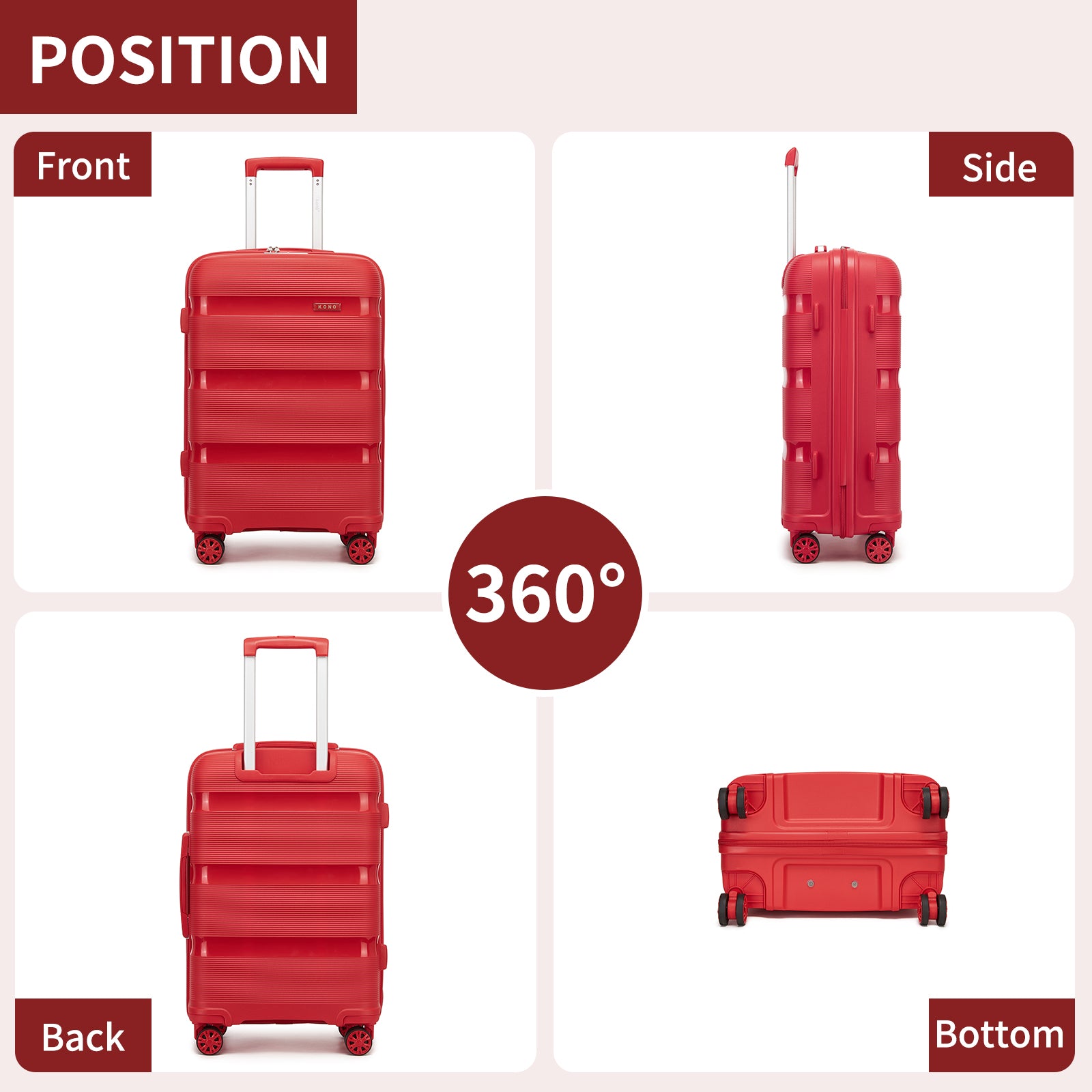 Kono 4-Piece PP Hardshell Luggage Set–Durable Travel Suitcases with TSA Lock, 360° Spinner Wheels with Vanity Case (KSK2492) - Red