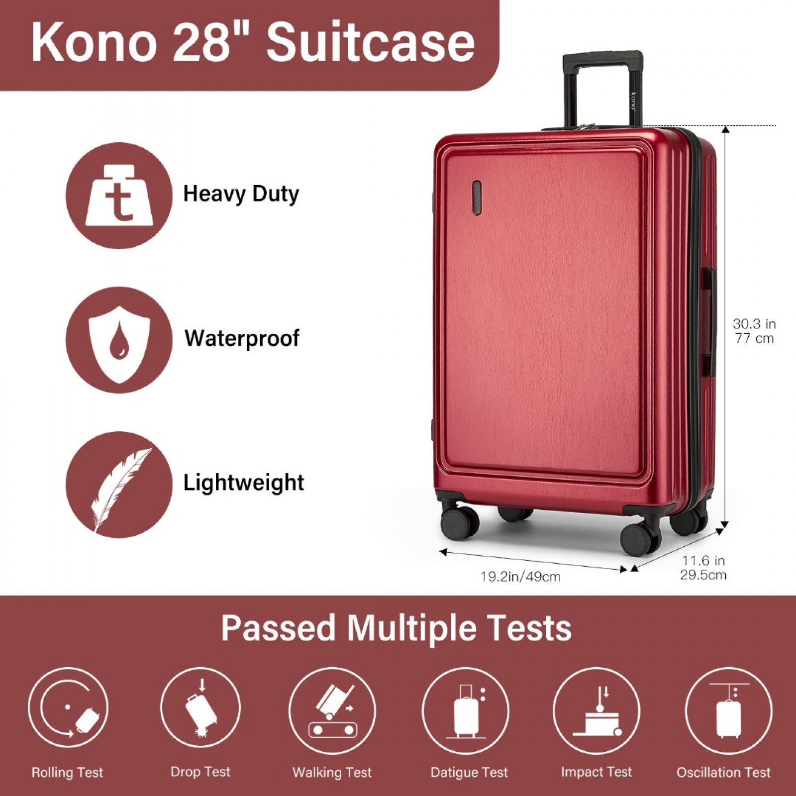 Kono Durable ABS+PC Hardshell Suitcase with TSA Lock & Front Laptop Compartment (KSK2493) - Burgundy