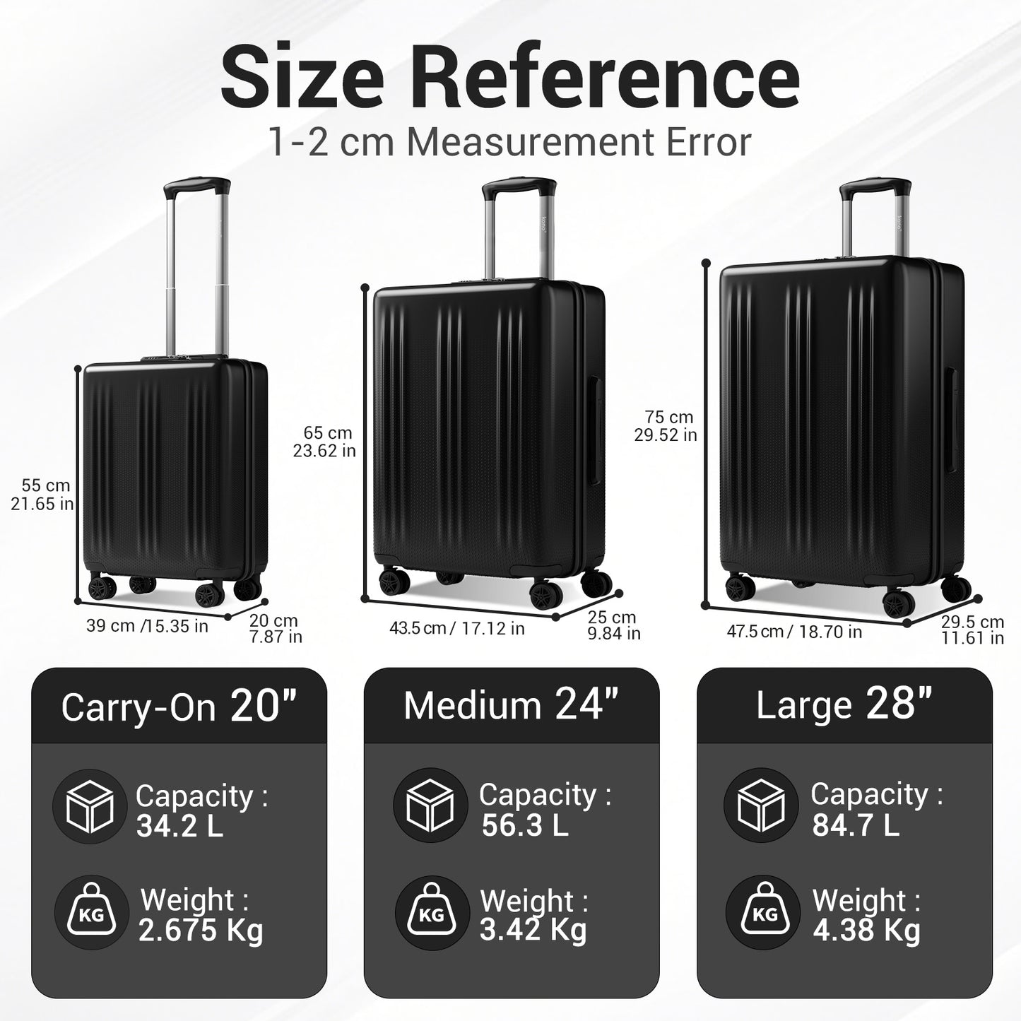 Kono Premium ABS+PC Hard Shell Cabin Suitcase with TSA Lock and Smooth 360° Silent Spinner Wheels (KSK2583) - Black
