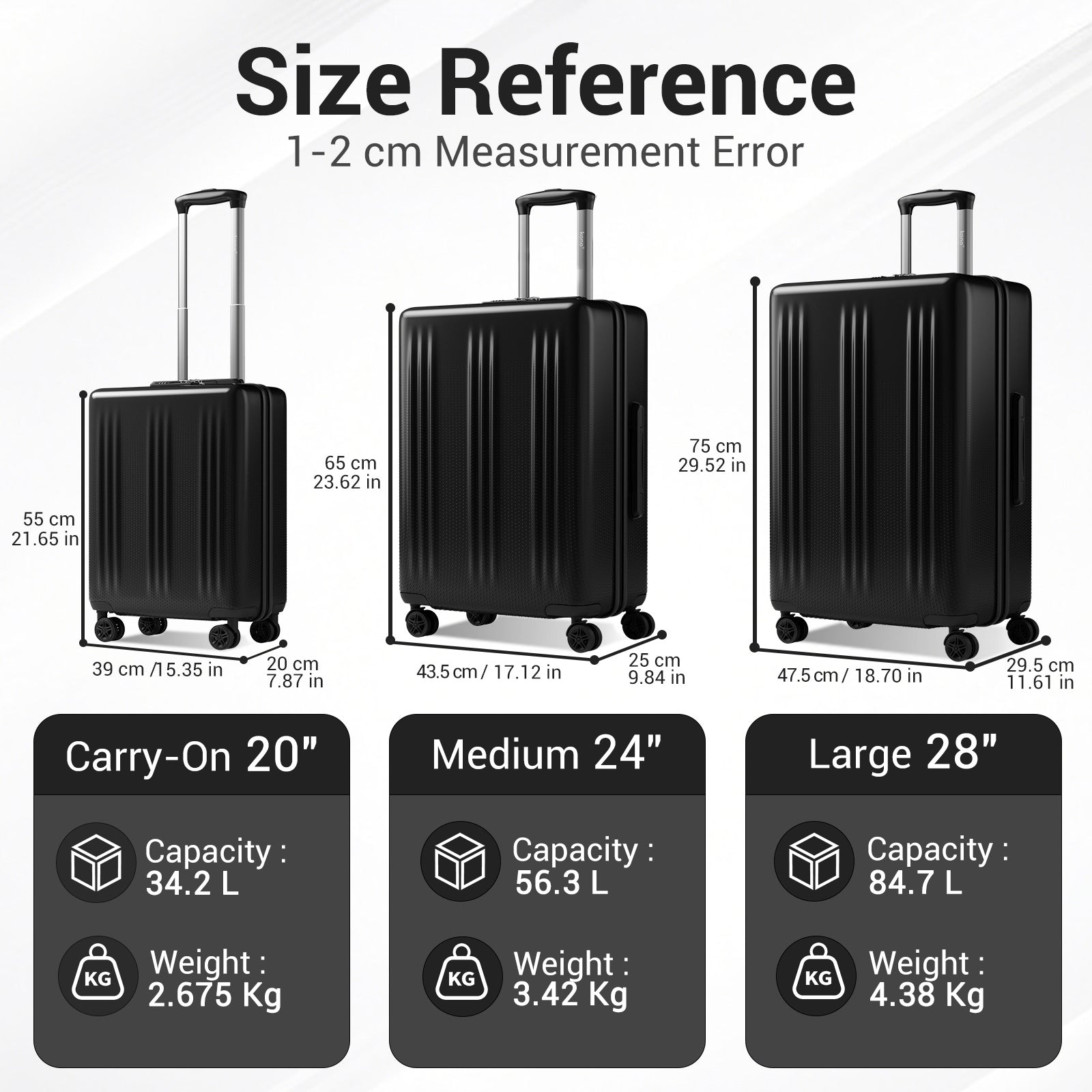 Kono Premium ABS+PC Hard Shell Cabin Suitcase with TSA Lock and Smooth 360° Silent Spinner Wheels (KSK2583) - Black