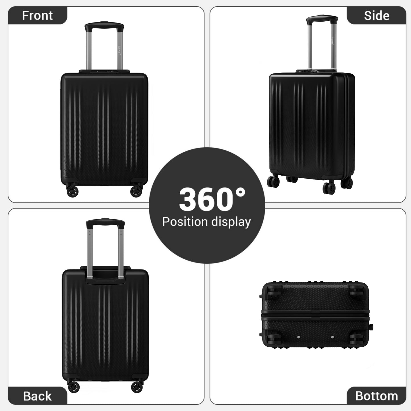 Kono Premium ABS+PC Hard Shell Cabin Suitcase with TSA Lock and Smooth 360° Silent Spinner Wheels (KSK2583) - Black