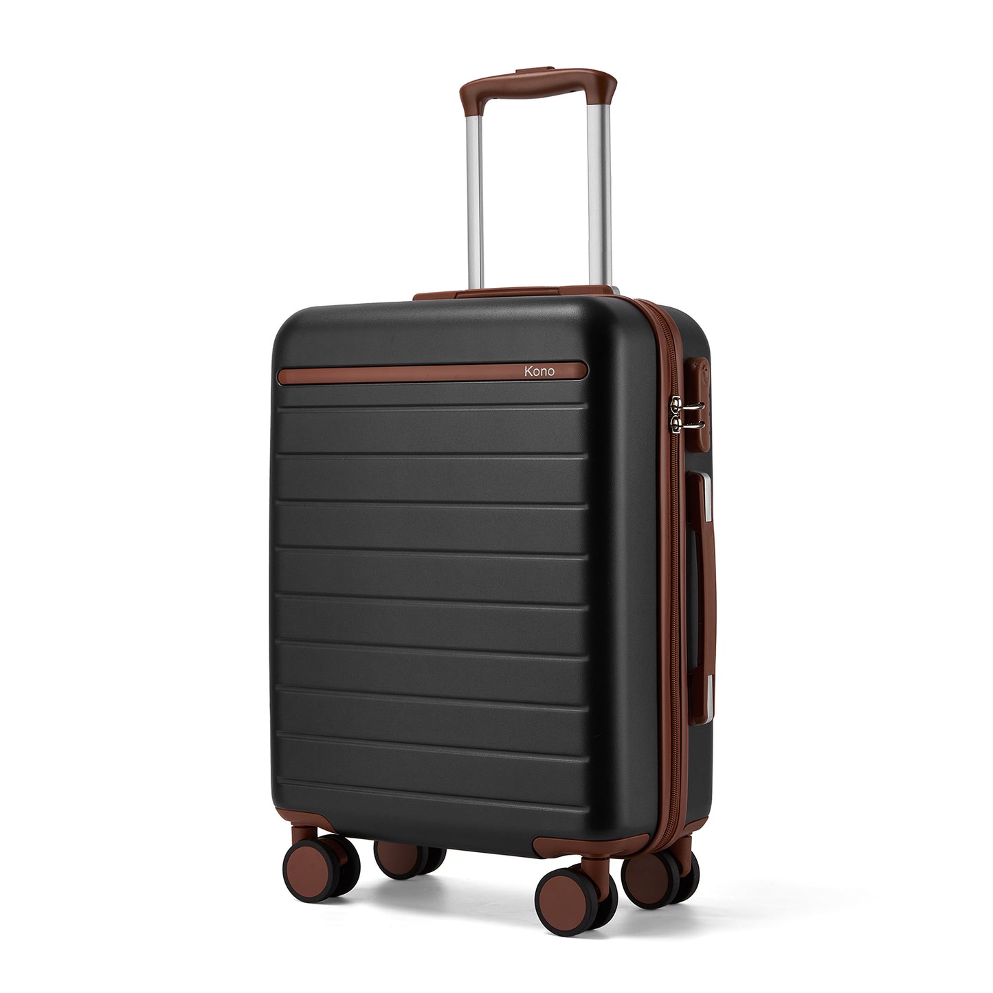 Kono Scratch-Resistant Hard Shell Cabin Suitcase with Horizontal Stripe Design, Brown Accents & Spinner Wheels (KSK2584) - Black & Brown