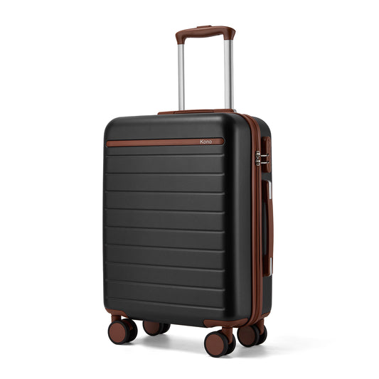 Kono Scratch-Resistant Hard Shell Cabin Suitcase with Horizontal Stripe Design, Brown Accents & Spinner Wheels (KSK2584) - Black & Brown