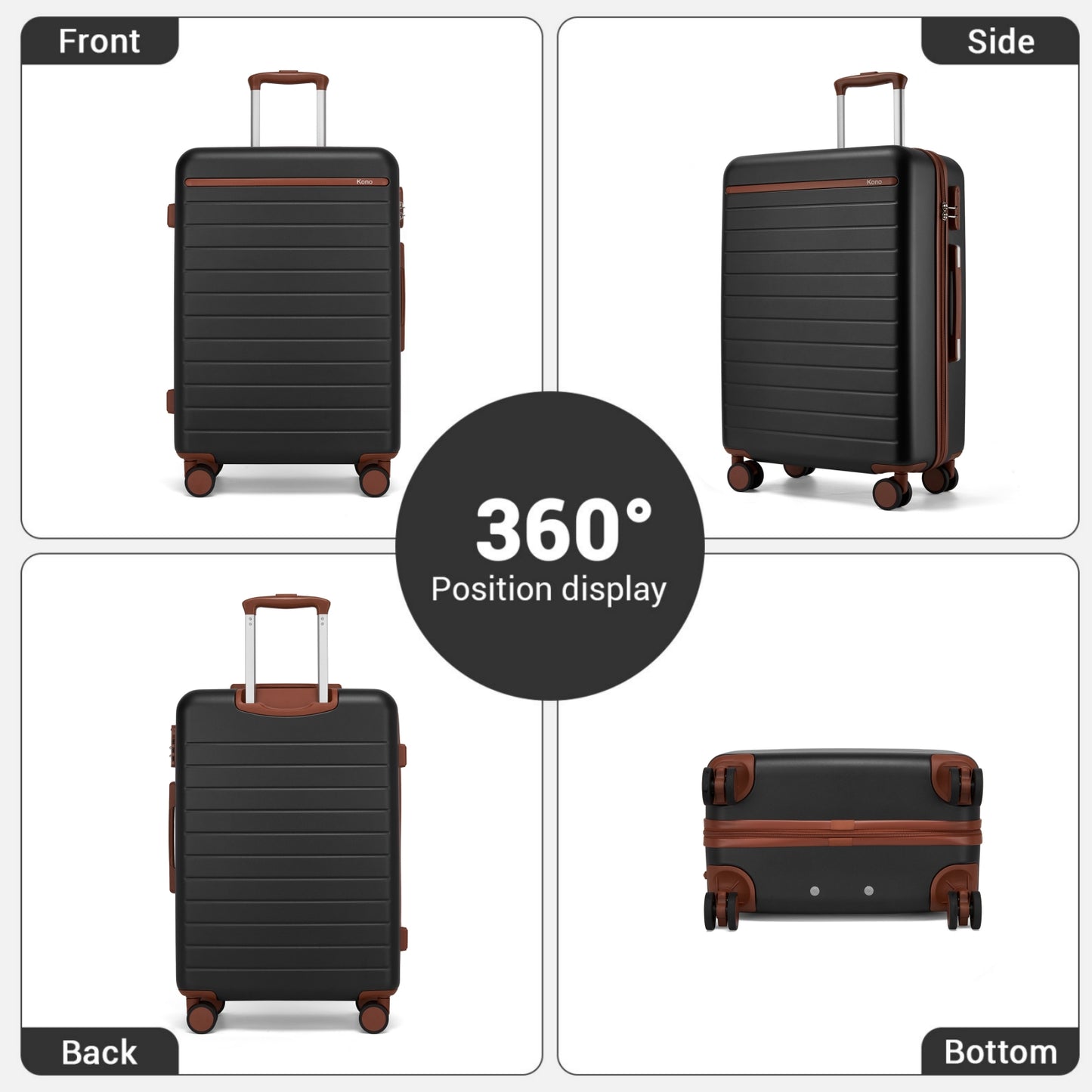 Kono Scratch-Resistant Hard Shell Cabin Suitcase with Horizontal Stripe Design, Brown Accents & Spinner Wheels (KSK2584) - Black & Brown