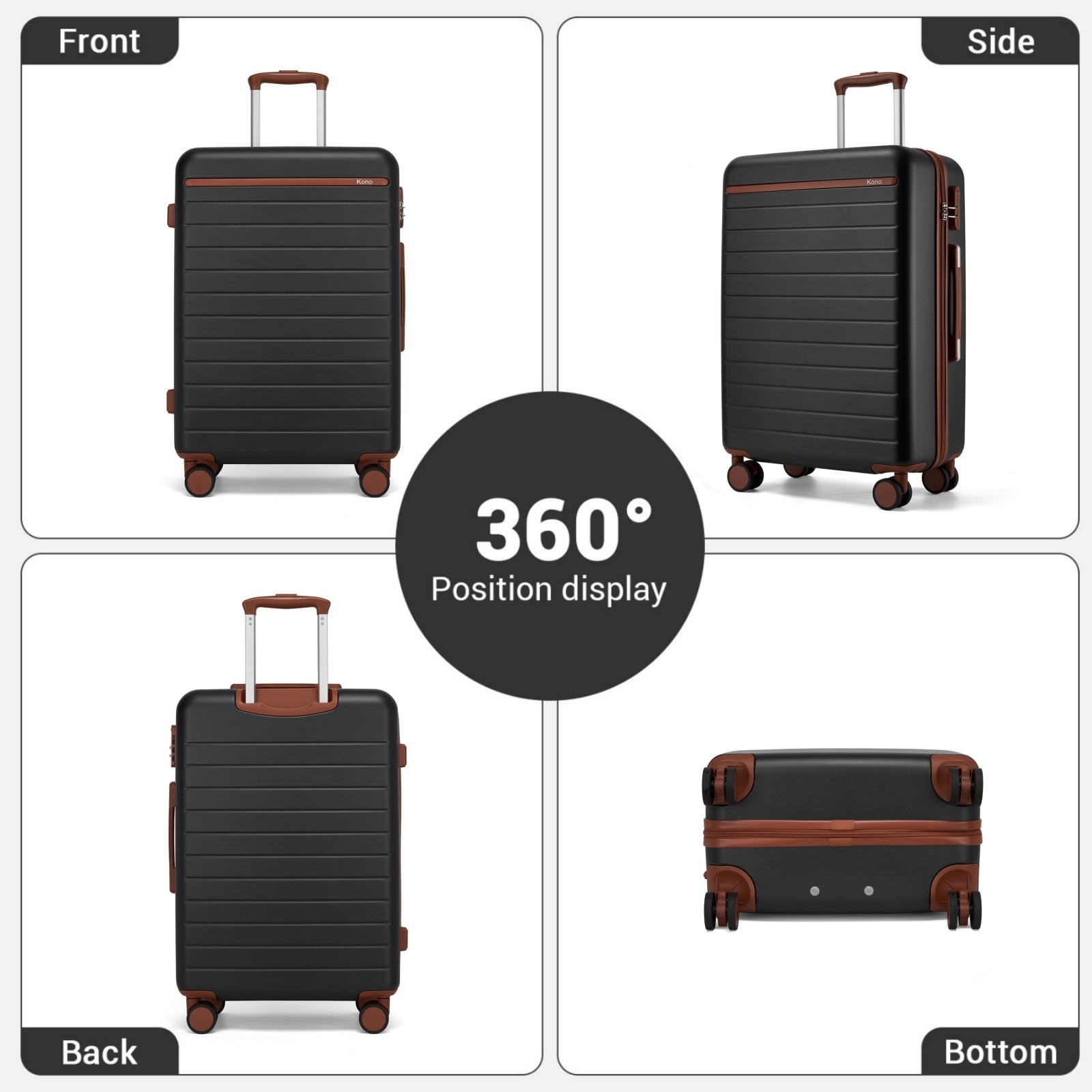 Kono Scratch-Resistant 3-Piece Hard Shell Luggage Set with Horizontal Stripe Design, Brown Accents & Spinner Wheels (KSK2584) - Black & Brown