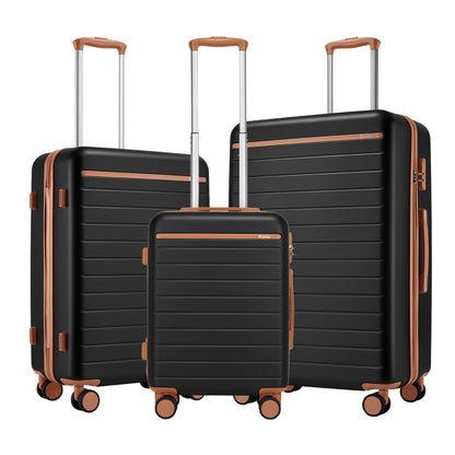 Kono Scratch-Resistant 3-Piece Hard Shell Luggage Set with Horizontal Stripe Design, Brown Accents & Spinner Wheels (KSK2584) - Black & Brown