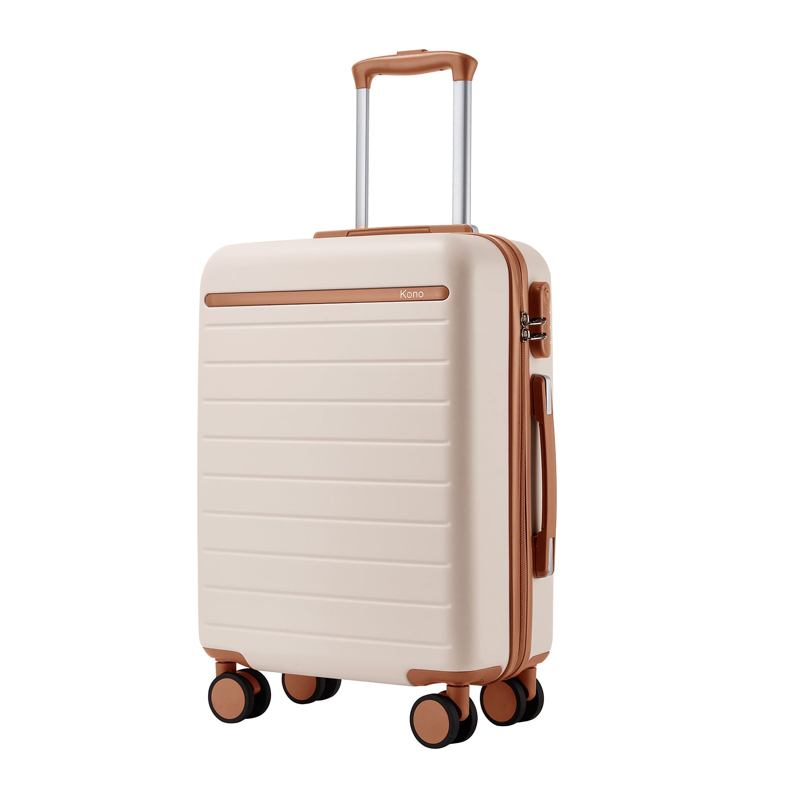 Kono Scratch-Resistant Hard Shell Cabin Suitcase with Horizontal Stripe Design, Brown Accents & Spinner Wheels (KSK2584) - Cream & Brown