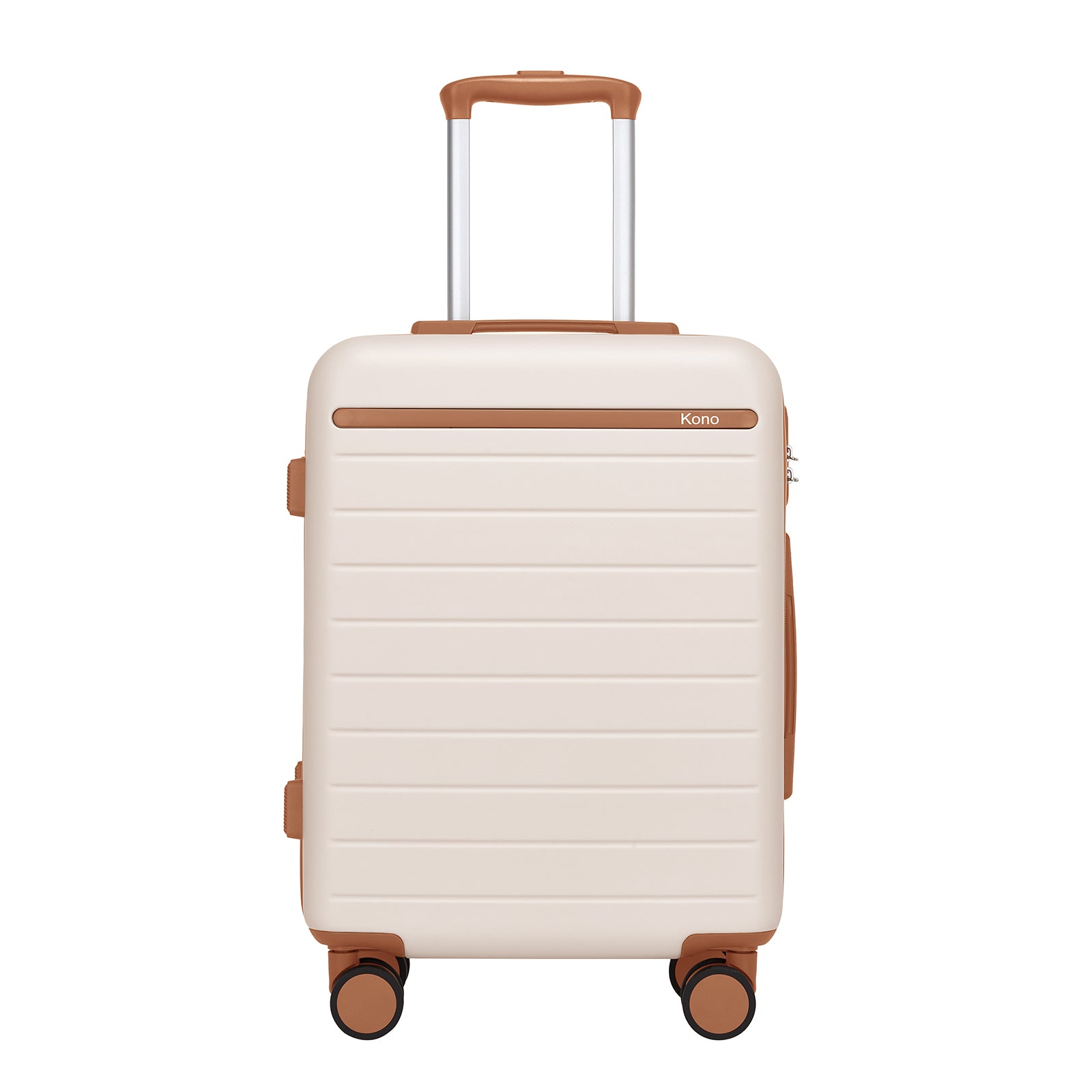 Kono Scratch-Resistant Hard Shell Cabin Suitcase with Horizontal Stripe Design, Brown Accents & Spinner Wheels (KSK2584) - Cream & Brown
