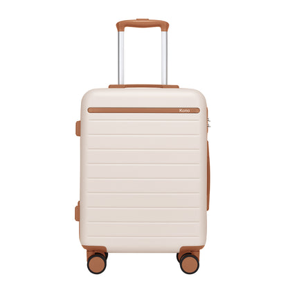 Kono Scratch-Resistant Hard Shell Cabin Suitcase with Horizontal Stripe Design, Brown Accents & Spinner Wheels (KSK2584) - Cream & Brown