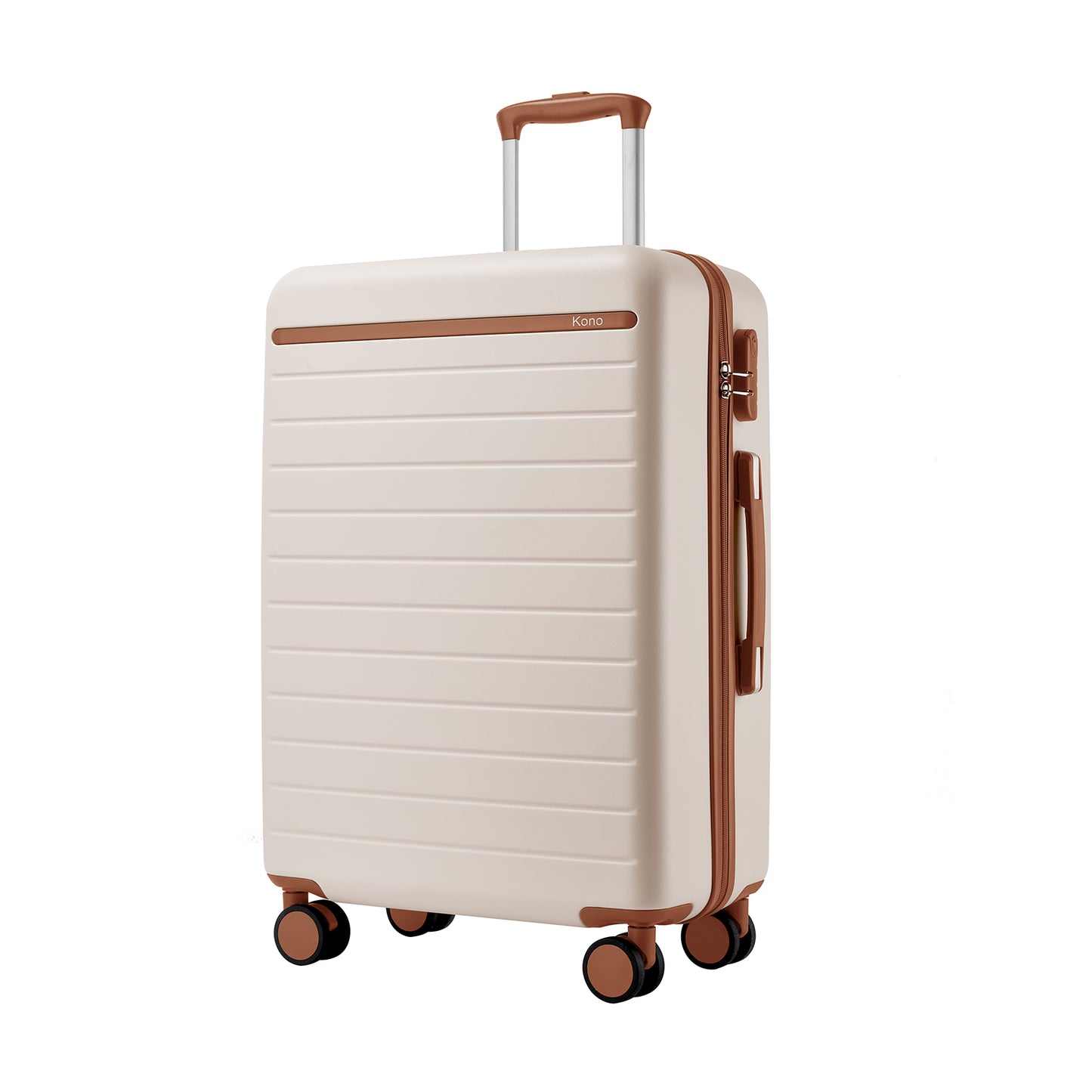 Kono Scratch-Resistant Hard Shell Cabin Suitcase with Horizontal Stripe Design, Brown Accents & Spinner Wheels (KSK2584) - Cream & Brown