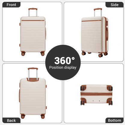 Kono Scratch-Resistant 3-Piece Hard Shell Luggage Set with Horizontal Stripe Design, Brown Accents & Spinner Wheels (KSK2584) - Cream & Brown