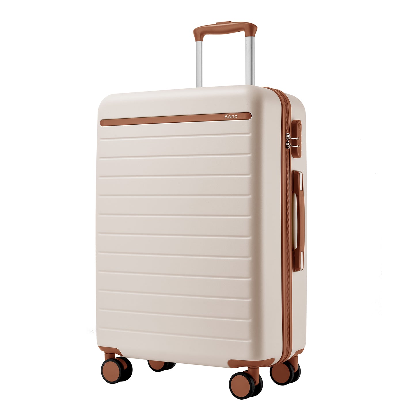 Kono Scratch-Resistant Hard Shell Cabin Suitcase with Horizontal Stripe Design, Brown Accents & Spinner Wheels (KSK2584) - Cream & Brown