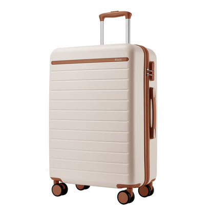 Kono Scratch-Resistant Hard Shell Cabin Suitcase with Horizontal Stripe Design, Brown Accents & Spinner Wheels (KSK2584) - Cream & Brown