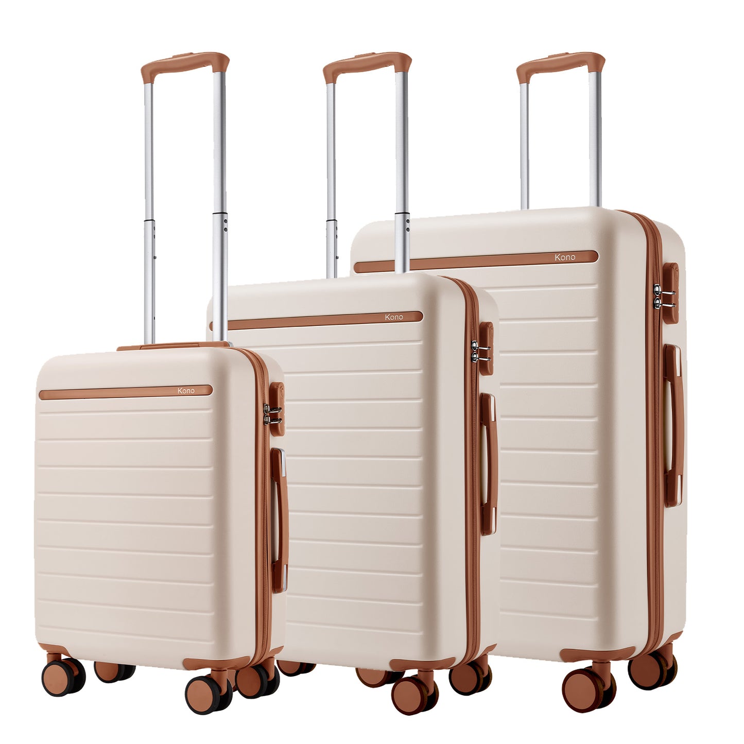 Kono Scratch-Resistant 3-Piece Hard Shell Luggage Set with Horizontal Stripe Design, Brown Accents & Spinner Wheels (KSK2584) - Cream & Brown