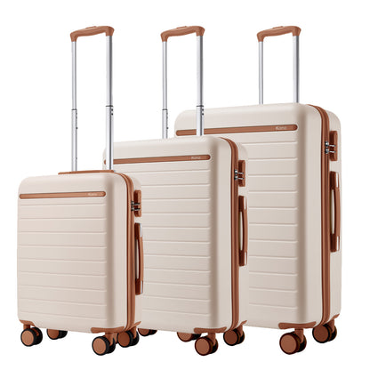 Kono Scratch-Resistant 3-Piece Hard Shell Luggage Set with Horizontal Stripe Design, Brown Accents & Spinner Wheels (KSK2584) - Cream & Brown