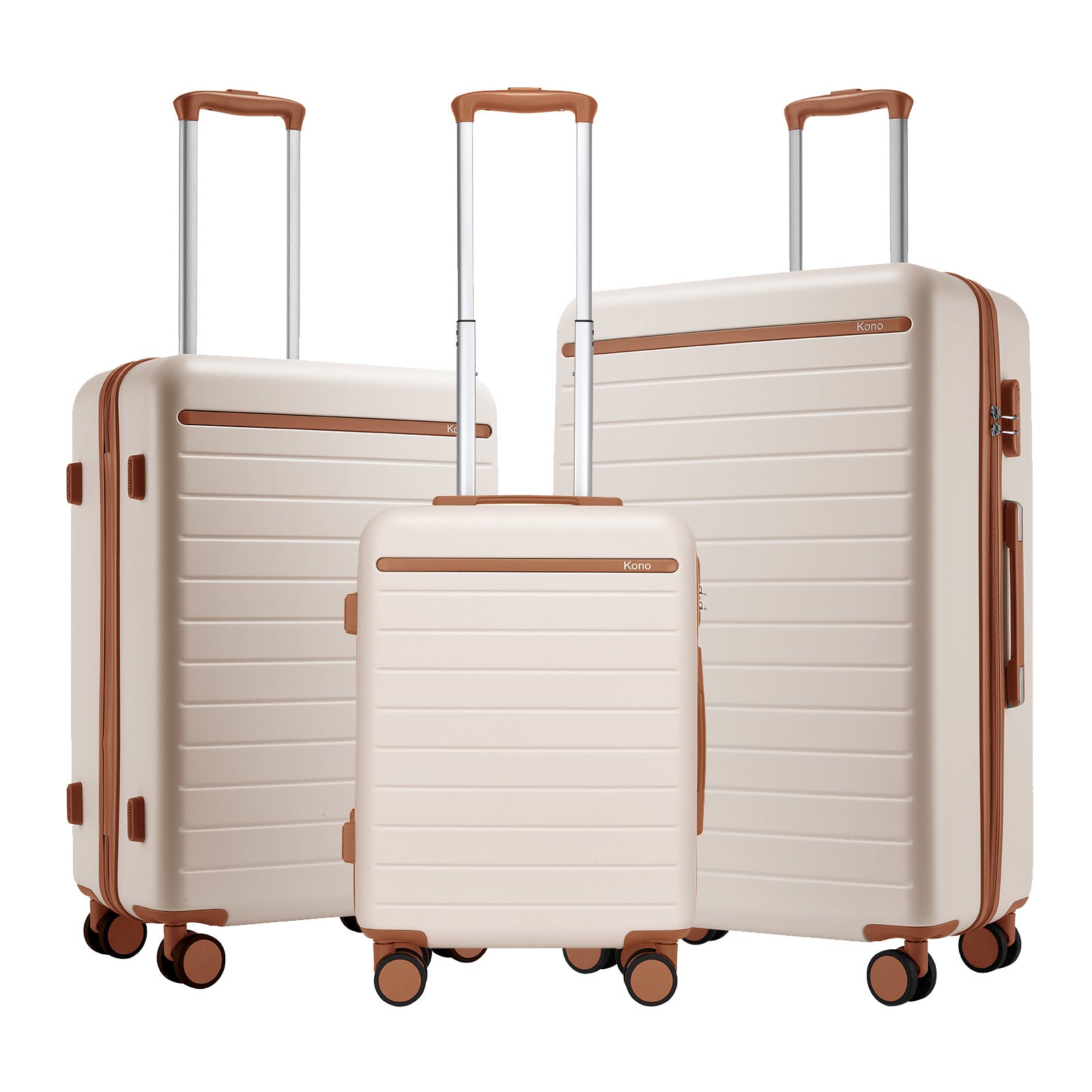 Kono Scratch-Resistant 3-Piece Hard Shell Luggage Set with Horizontal Stripe Design, Brown Accents & Spinner Wheels (KSK2584) - Cream & Brown