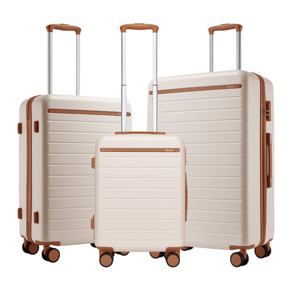 Kono Scratch-Resistant 3-Piece Hard Shell Luggage Set with Horizontal Stripe Design, Brown Accents & Spinner Wheels (KSK2584) - Cream & Brown
