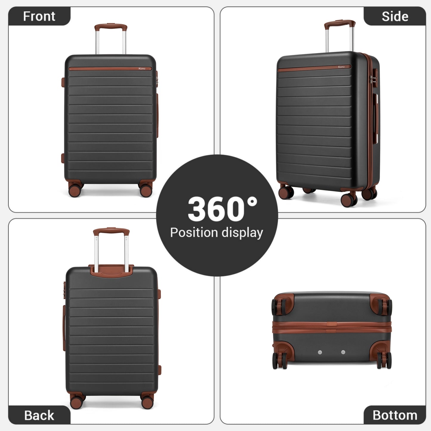 Kono Scratch-Resistant 3-Piece Hard Shell Luggage Set with Horizontal Stripe Design, Brown Accents & Spinner Wheels (KSK2584) - Grey & Brown