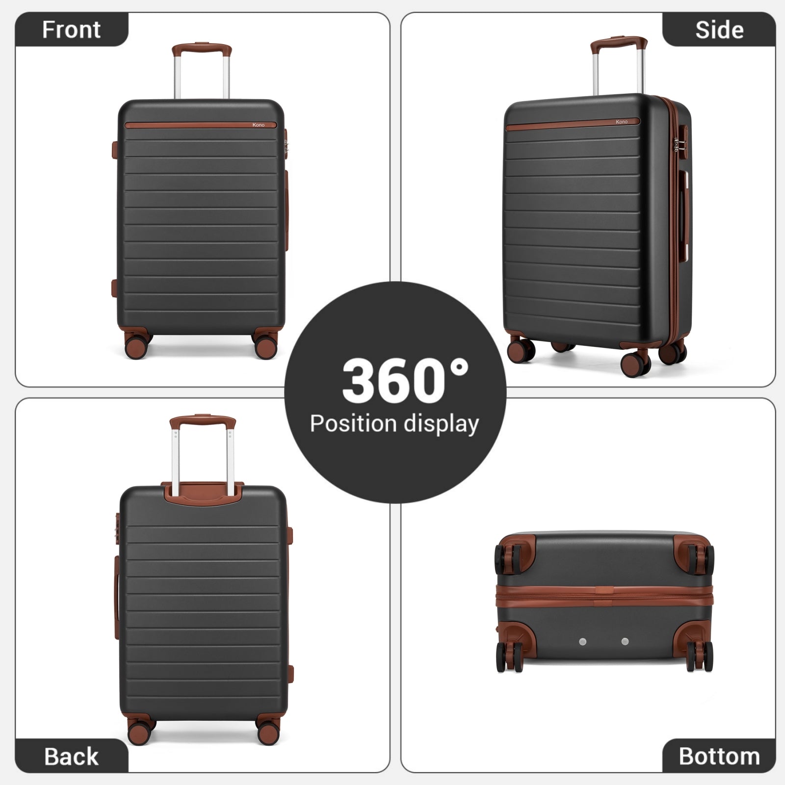 Kono Scratch-Resistant 3-Piece Hard Shell Luggage Set with Horizontal Stripe Design, Brown Accents & Spinner Wheels (KSK2584) - Grey & Brown