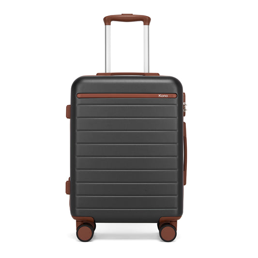 Kono Scratch-Resistant Hard Shell Cabin Suitcase with Horizontal Stripe Design, Brown Accents & Spinner Wheels (KSK2584) - Grey & Brown