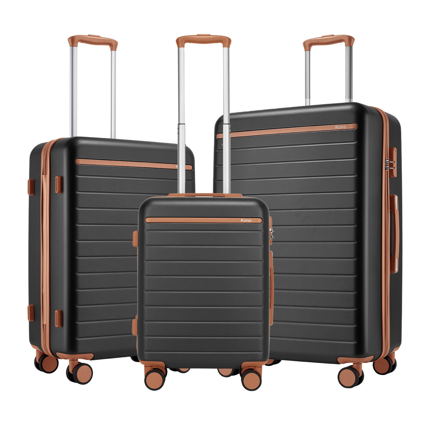 Kono Scratch-Resistant 3-Piece Hard Shell Luggage Set with Horizontal Stripe Design, Brown Accents & Spinner Wheels (KSK2584) - Grey & Brown